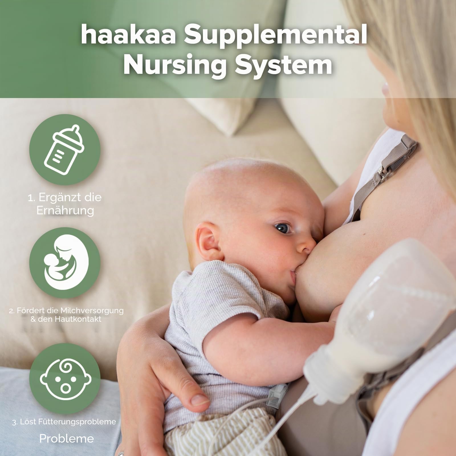 haakaa Baby Supplemental Nursing System for Stillen, Silikon Baby Fütterungsschlauch & Beutel Set, Brustergänzungsmittel mit Dual Tube Flow Control, Lebensmittelechtes Silikon