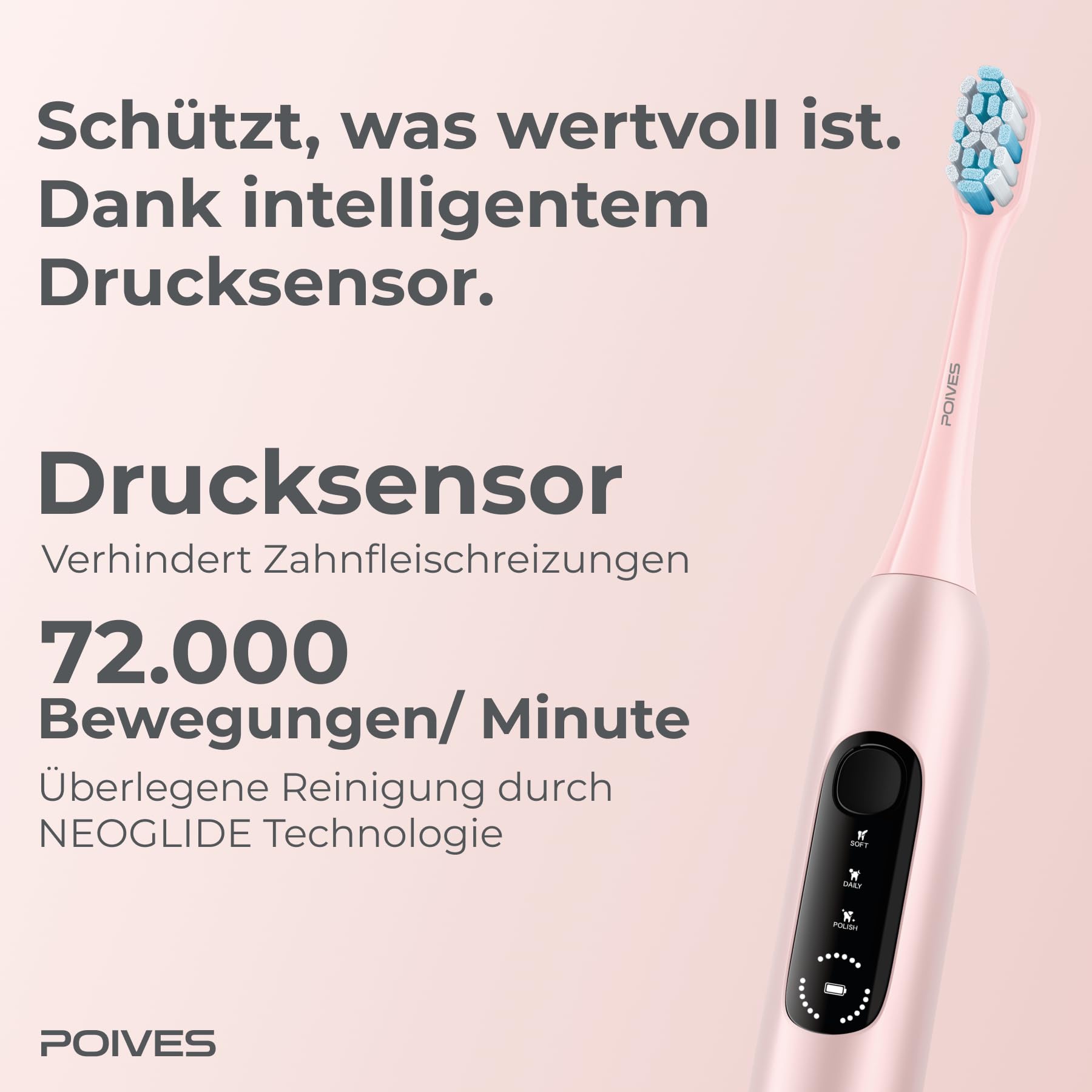 P1 Pro - Cepillo de dientes eléctrico con sensor de presión para una limpieza segura, potente cepillo de dientes sónico con motor Neoglide, batería de 60 días, Perlmutt Rosa