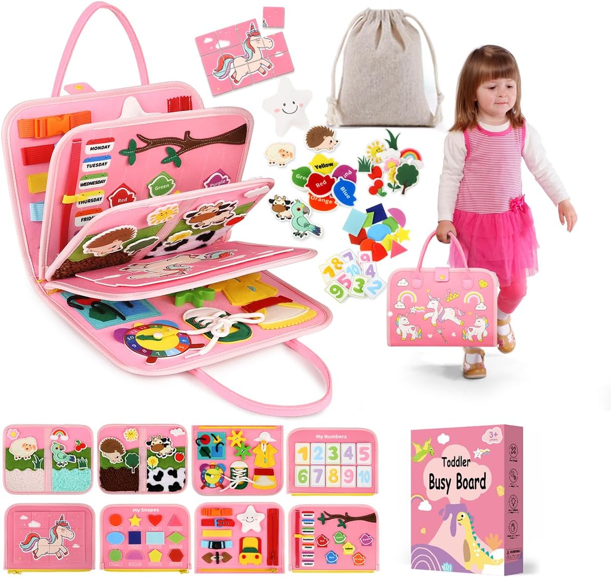 Toddler Sensory Busy Board: Travel Toy Activity Book for Girls Boys, Motor Skill Development Gift for Baby Aged 3-4 Years, Fine Educational Preschool Montessori Learning Toy for Car Airplane Unicorn