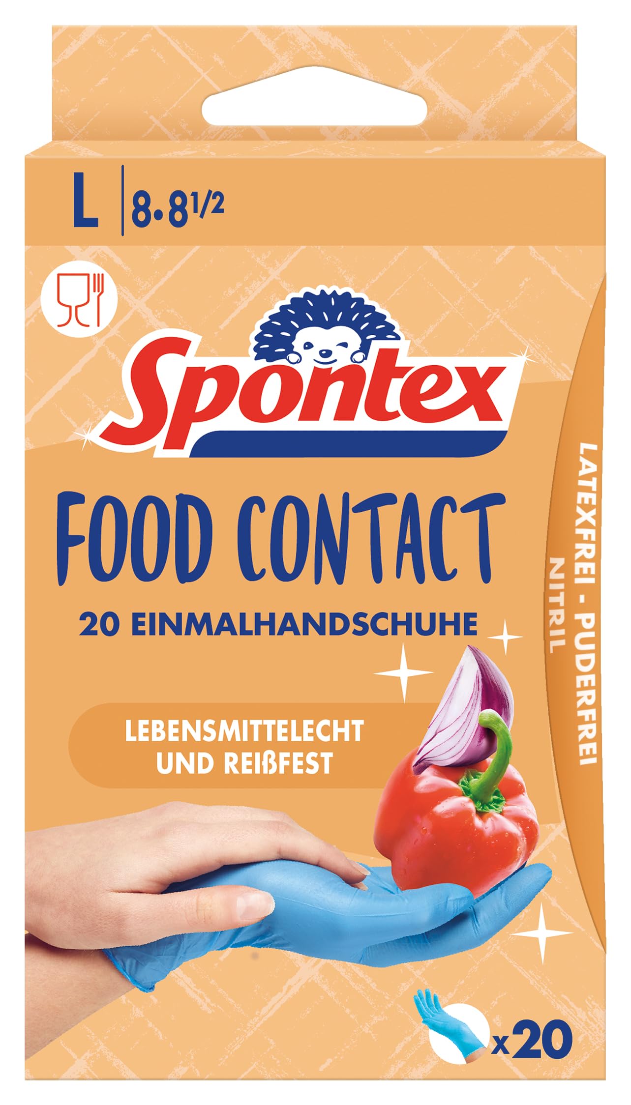 Spontex Food Contact, 20 jednorazowych rękawiczek z nitrylu, przeznaczone do kontaktu z żywnością, nie zawierają lateksu i bez pudru, rozmiar L (1 x 20 sztuk)