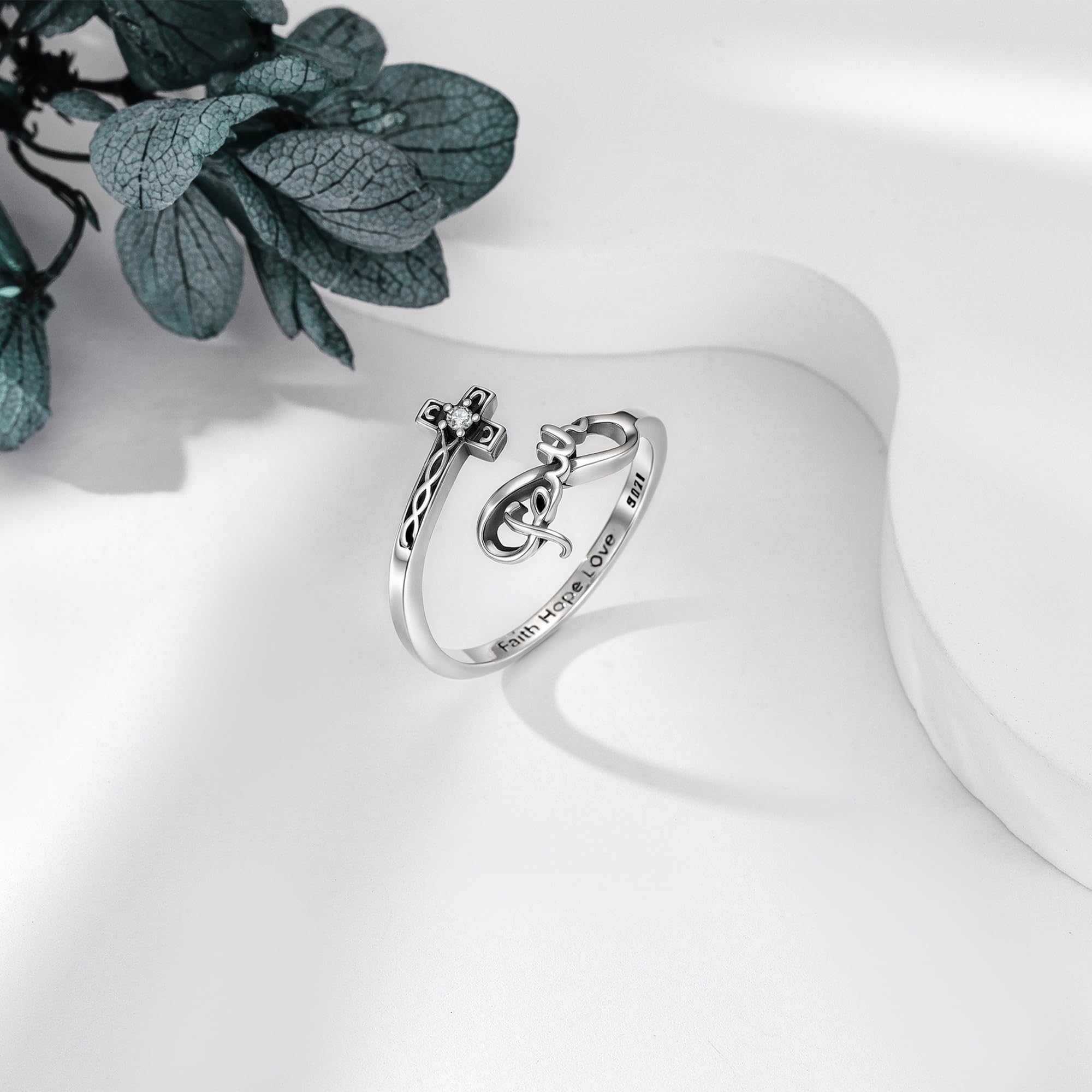 JERWLI Anello a croce da donna, in argento Sterling 925, fede, anelli cristiani, speranza, anello regolabile, regalo per donne e amici