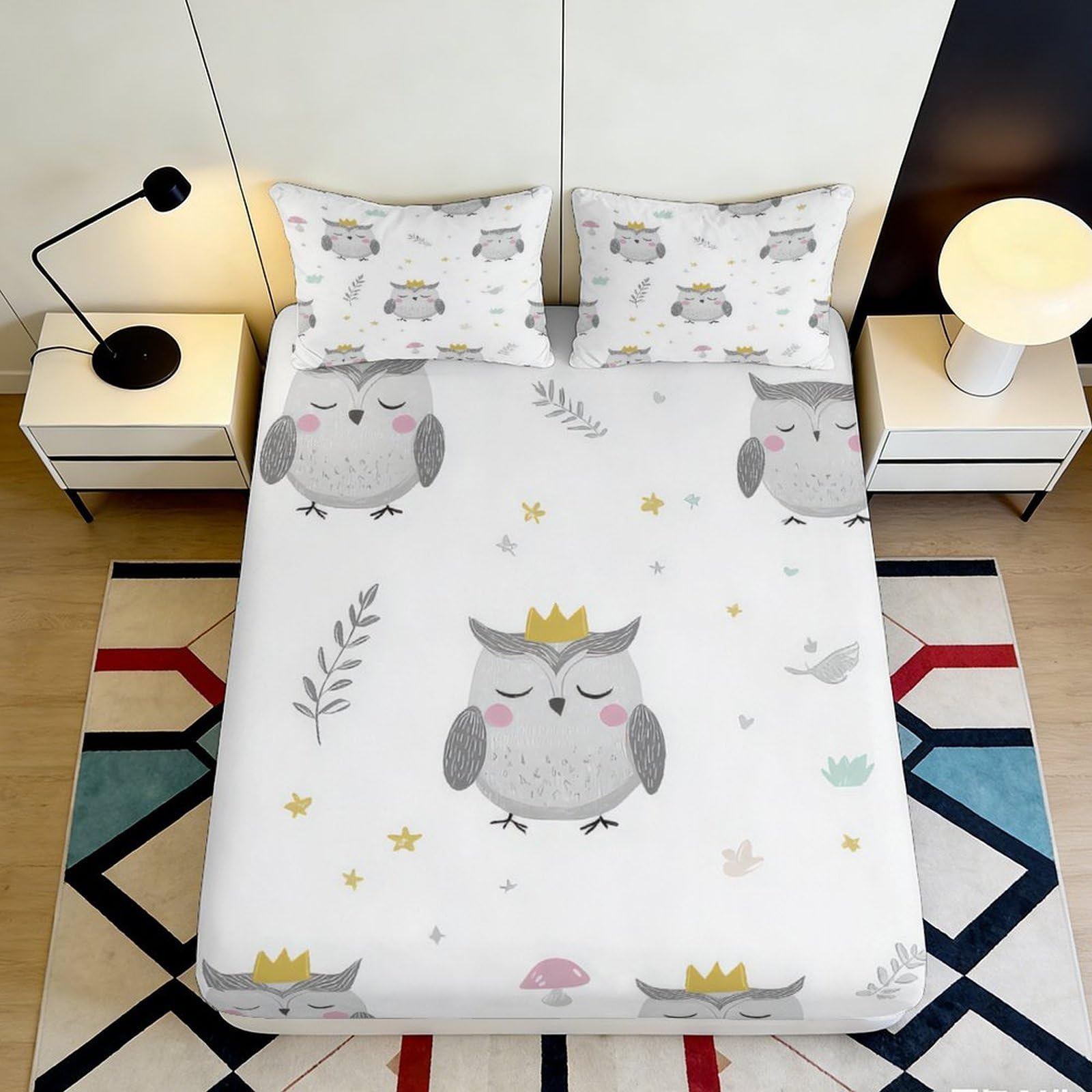 3D Printed Cartoon Owl Fitted Sheet Microfiber Soft Breathable Crown Bed Cover for Bedroom Guest Room Decor Mattress Protection 90x200x25cm