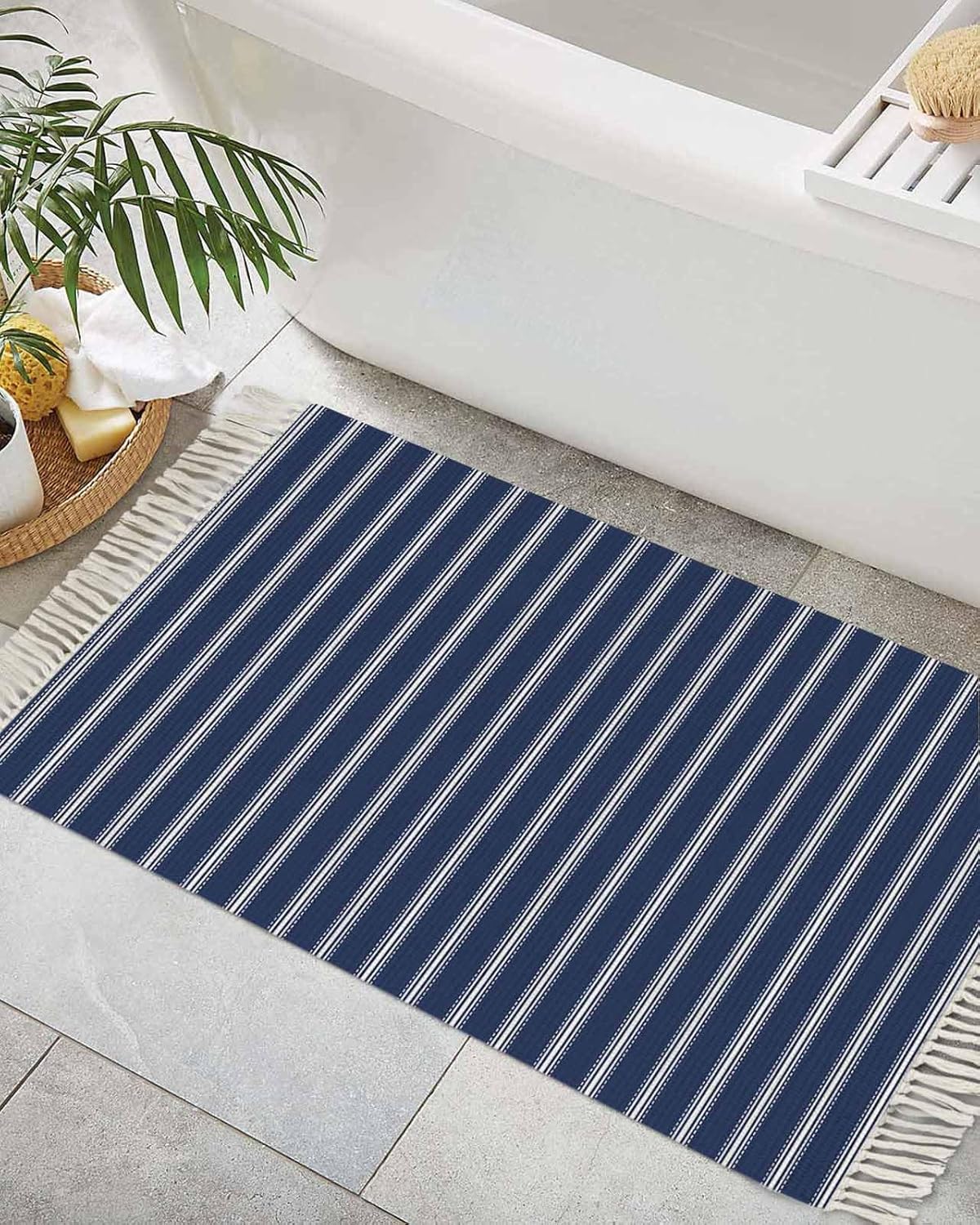2'x3' Bathroom Rug, Navy Blue Striped Washable Reversible Indoor/Outdoor Small Floor Mat with Tassel, Navy Blue White Farmhouse Stripes Lightweight Throw Rugs for Entryway/Hallway