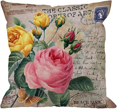 Miniatura 1 de HGOD DESIGNS Funda de almohada con diseño de rosas y flores con sello de mariposa vintage, letras rosa, amarillo, rojo, verde, fundas de almohada