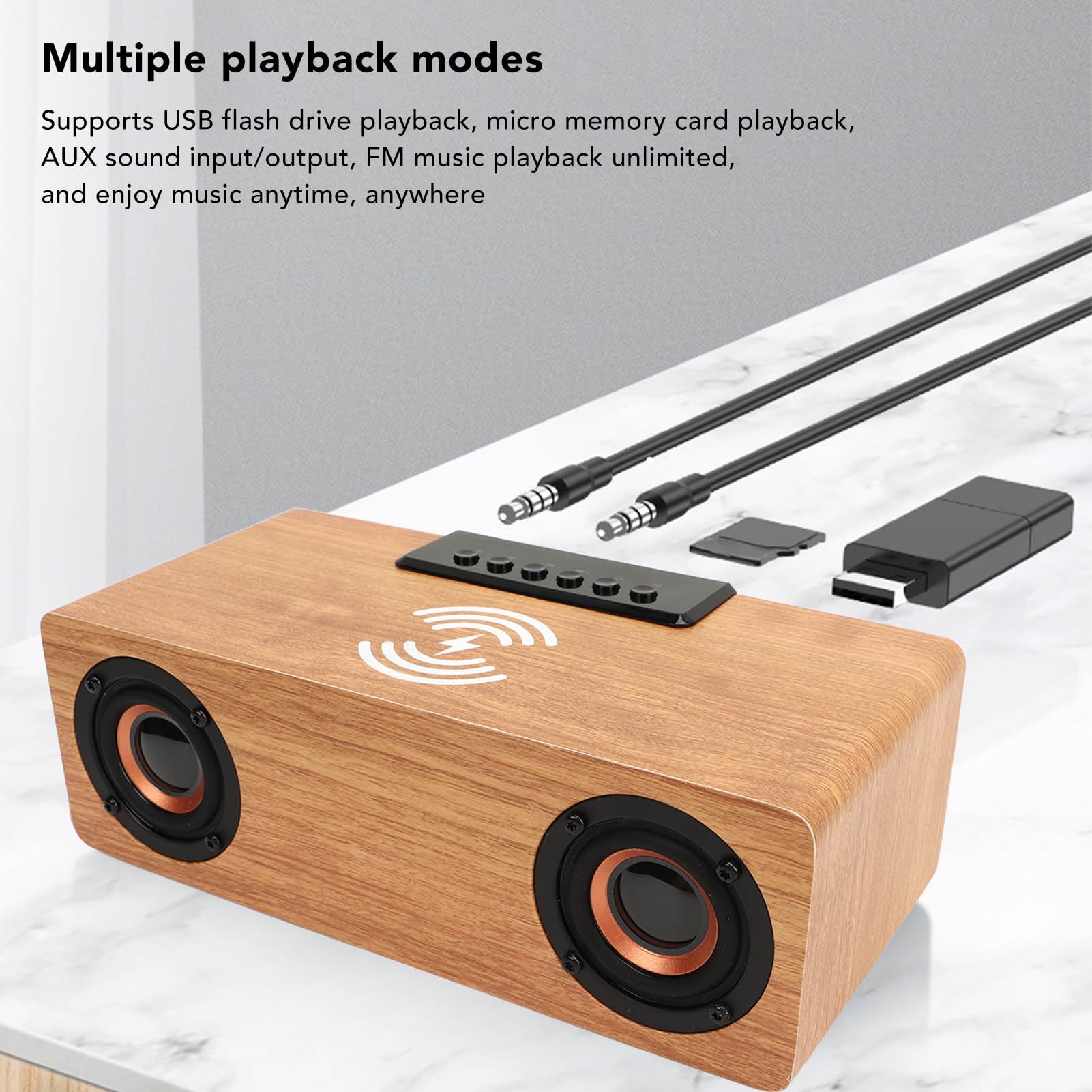 Reloj Despertador de Madera con Altavoz y Cargador de Teléfono Inalámbrico con Radio FM.Reloj Despertador Inteligente para Dormitorio Sonido de