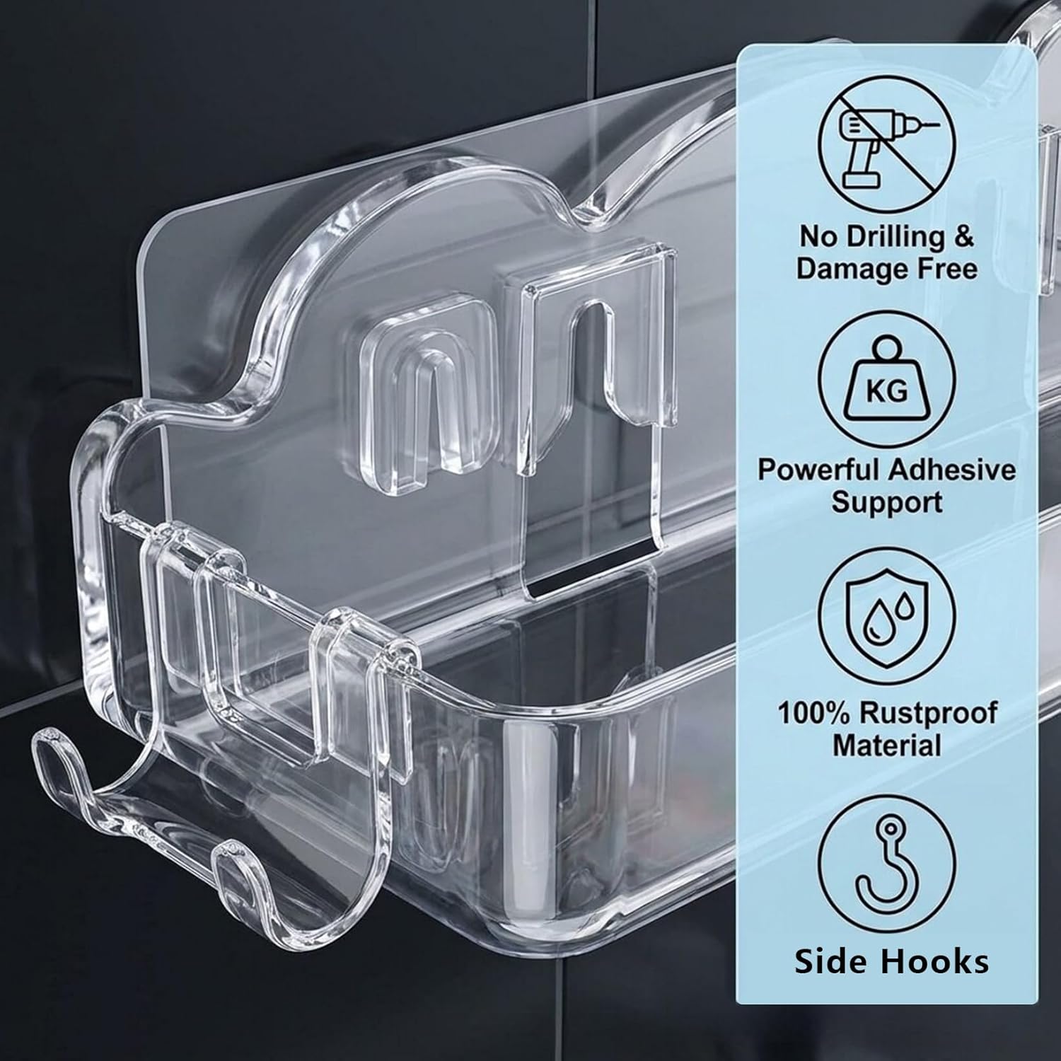 2 Pack Acrylic Shower Caddy No Drilling Adhesive Shower Shelves with 4 Removable Hooks Wall Mounted Bathroom Shower Organizers Shower Caddy for Bathroom Kitchen - Image 3