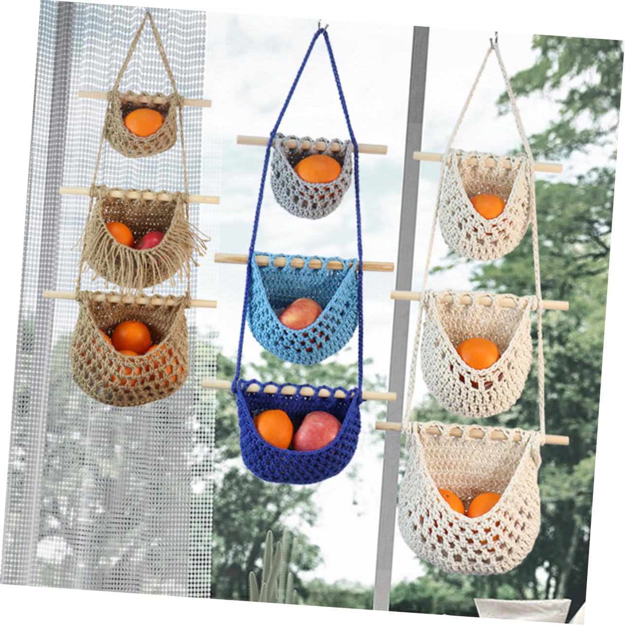 Uonlytech Hanging Fruit Basket Bohemia Style Woven Cotton Rope Kitchen Organizer for Fruits Vegetables Storage with Large Capacity and Decorative Charm