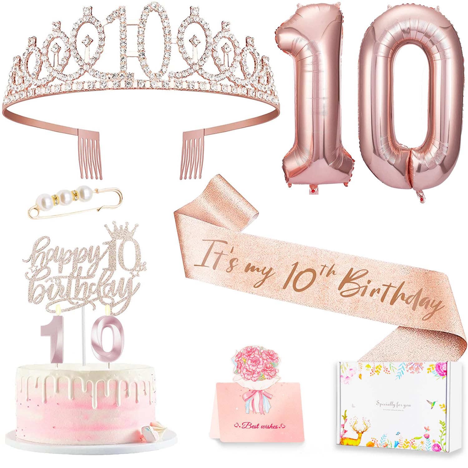 View 1 of 10th Birthday Decorations for Girl, 10th Birthday Sash and Crown, Cake Topper, Number Candles and Balloons, 10 Year Old Gifts for Girls
