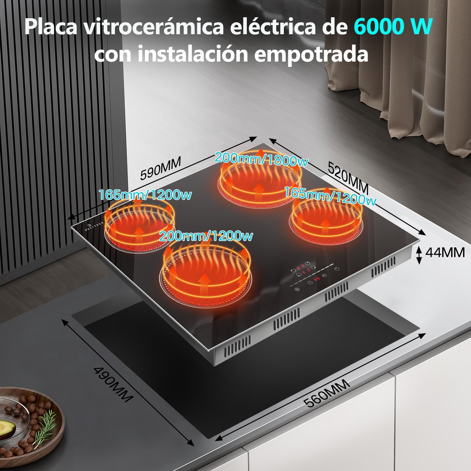 Placa Vitroceramica 4 Fuegos, Placas Vitrocerámica Empotrable | 60 cm, Control Táctil Deslizante, Bloqueo de Seguridad, Temporizador, Función Pausa, 220 V - 240 V, 6000 W, sin Enchufe