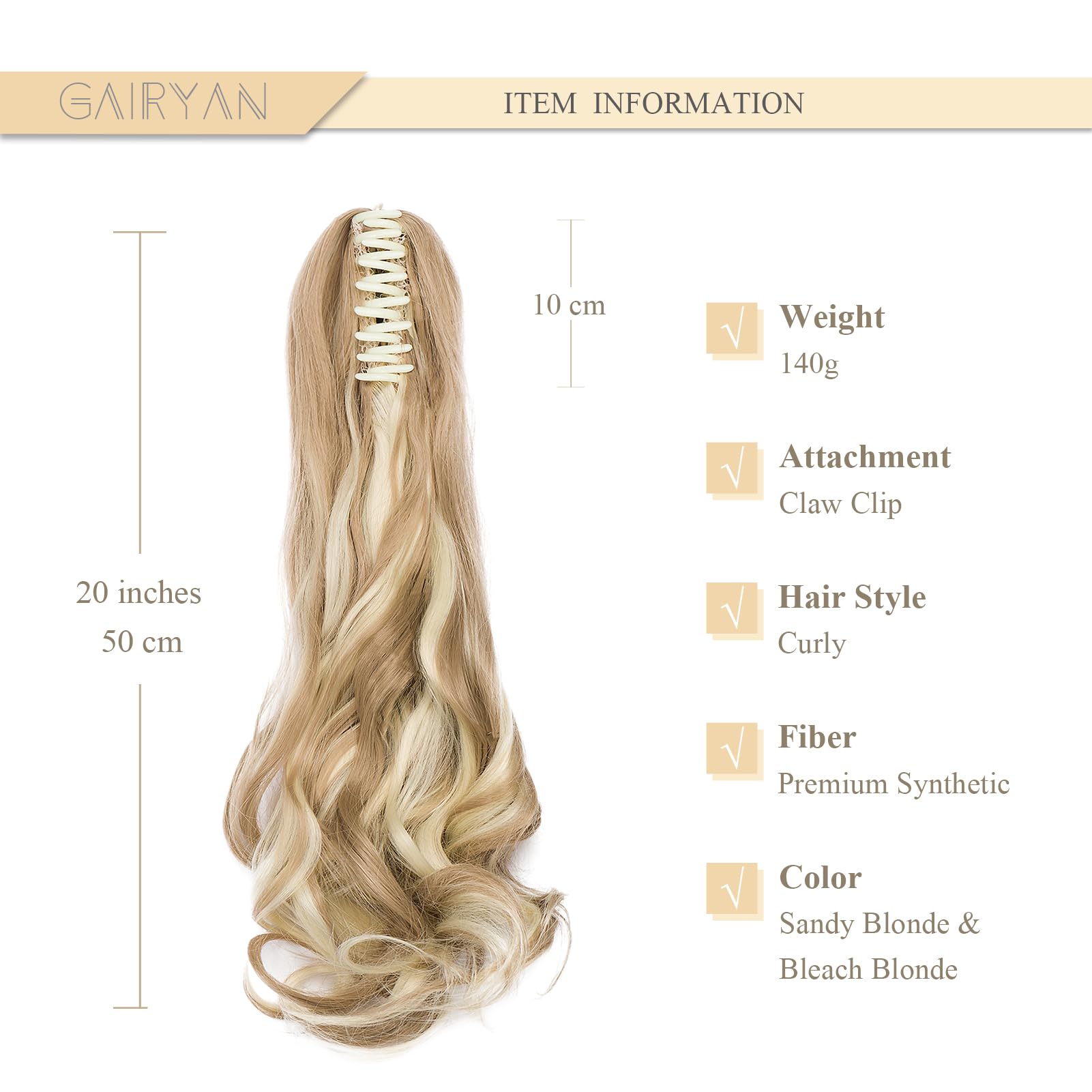Gairyan 20inch Ponytail Extension Clip in Ponytail Hair Extensions Curly Wavy Pony Tails Claw on Ponytail Long Wave Synthetic Hairpieces for Women Soft Real Look (Sandy Blonde & Bleach Blonde) - Image 2