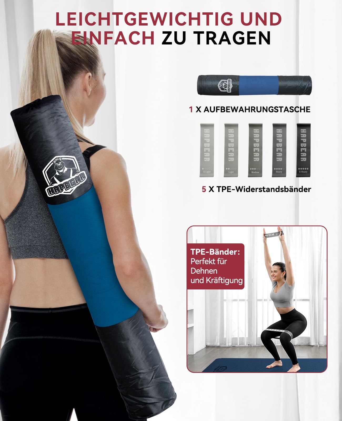 HAPBEAR Yogamatte XXL - 183cmx91cmx6mm Dicke, Extra Groß Rutschfest Breit Yoga Matte, Gymnastikmatte Sportmatte Fitnessmatte, TPE Matte Trainingsmatte, Inklusive Resistance Bands & Tragetasche
