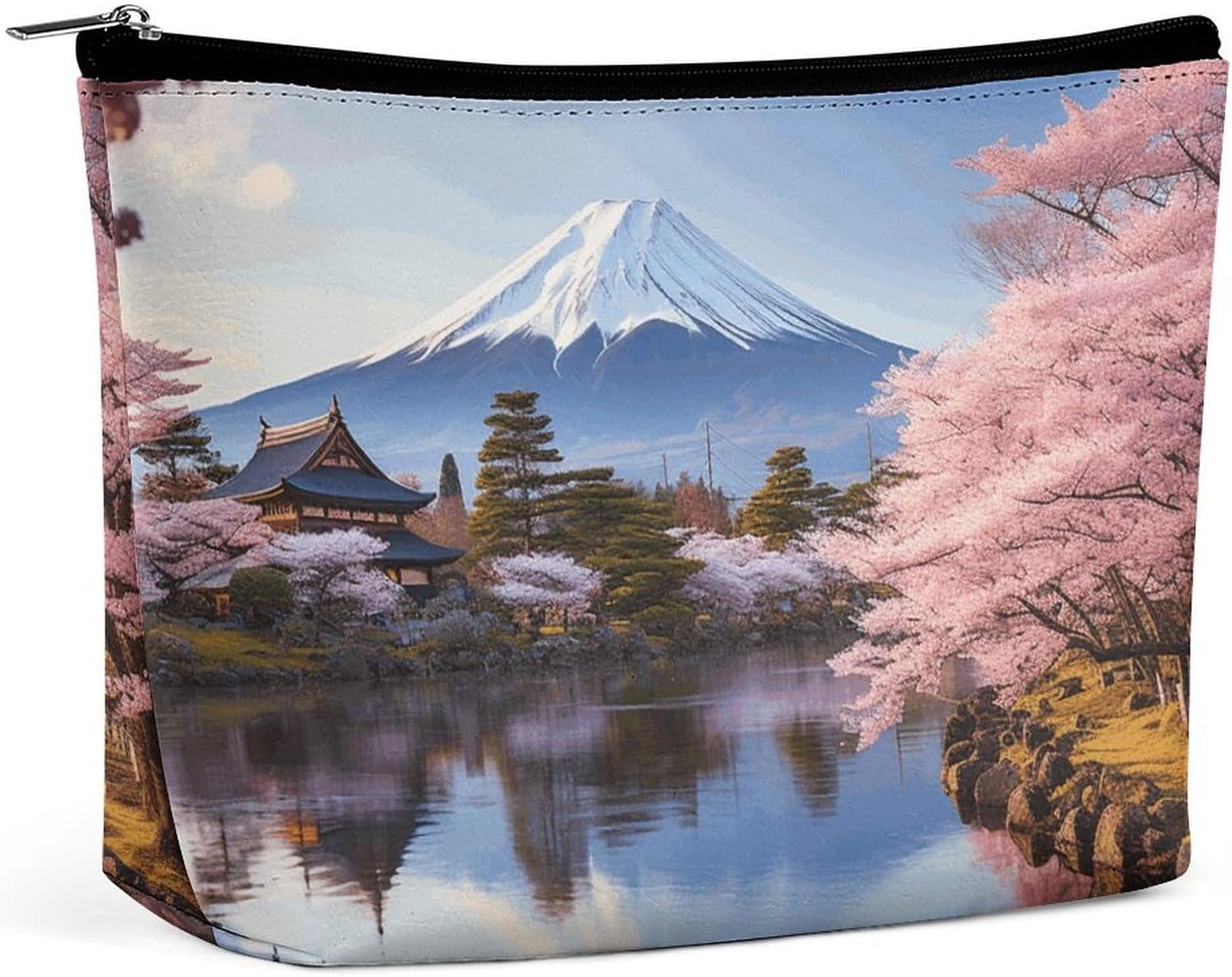 Mount Fuji Cherry Blossom Trees Makeup Bag for Women Travel - Waterproof Leather Cosmetic Bag Mini Cosmetic Organizer Pouch with Zipper, Portable Toiletry Bag for Purse, Gifts