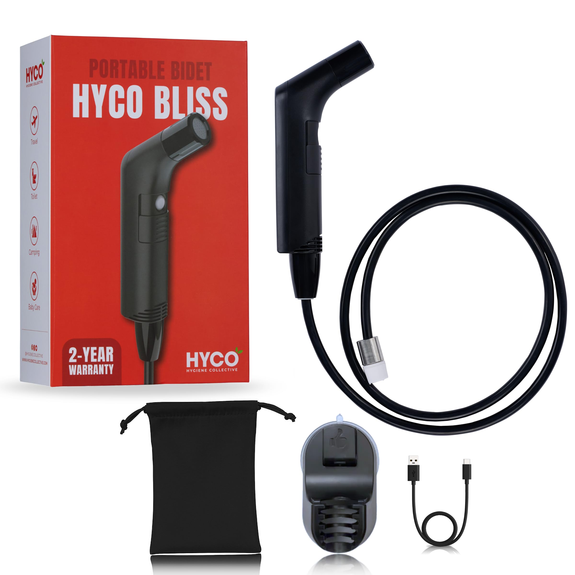 HYCO Bliss - Portable Bidet/Shattaf with Hand Spray, Powered by USB Rechargeable Battery, Travel Accessory for Personal Hygiene Hotel Stay, Desert Safari, Camping, Picnics, Car Washing (UAE Brand)
