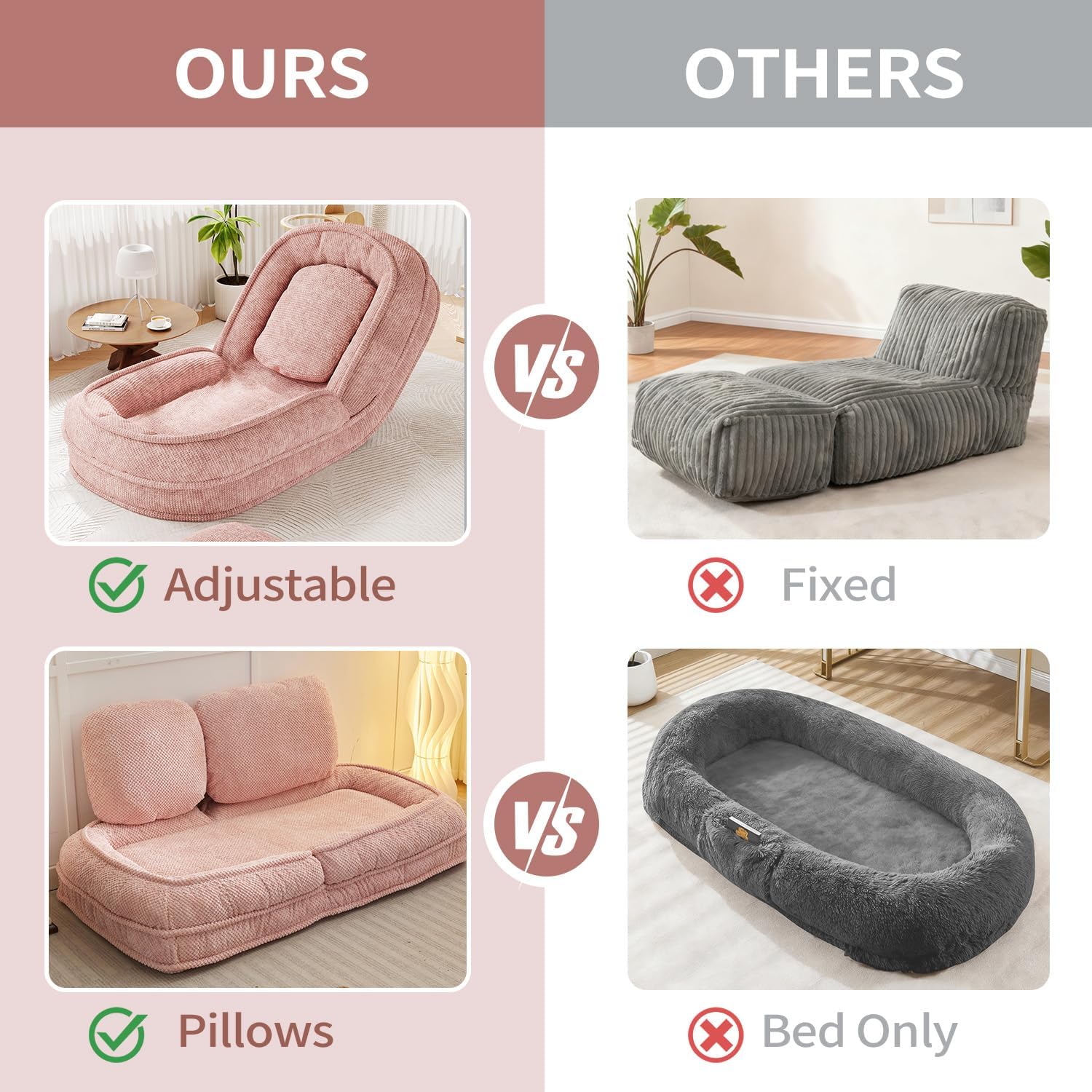 Adjustable Human Dog Bed for Adults, 5 Position Foldable Human Size Dog Bed, Extra Large Cloud Beds for Living Room & Bedroom (Pink)