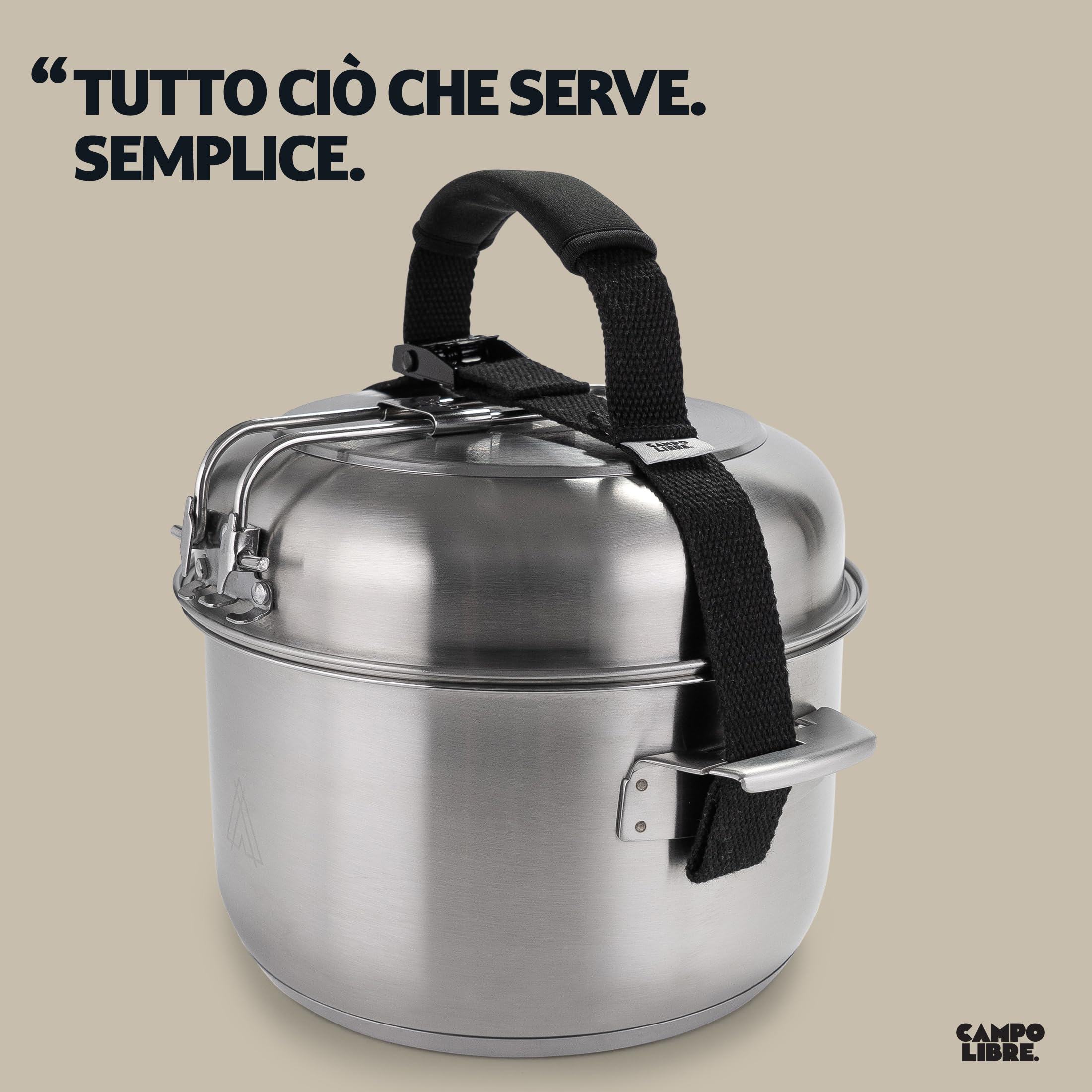 Campo Libre.® ENZO Set Pentole da Campeggio – Pentole e Padella in Acciaio Inox Resistente con Tecnologia ProCore, Compatibile con Fornello Elettrico, Induzione, Gas, Compatto e Impilabile.