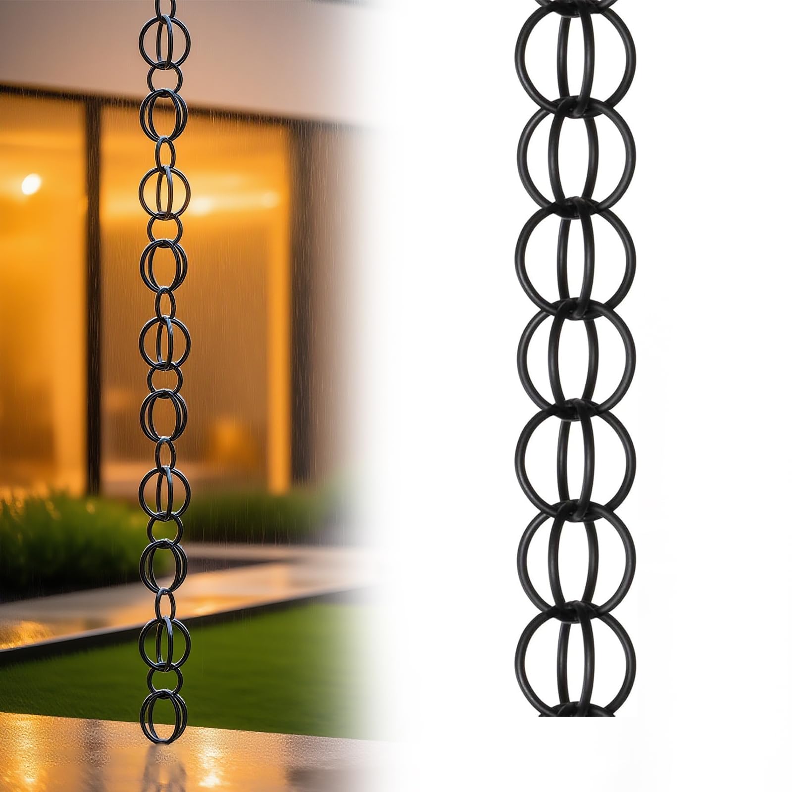 Poxvythb Decorative Rain Chains, Rain Chain Mill Finish Aluminum Gutter Adapter Downspout Catcher Water Feature, for Eaves Drainage,Outdoor Decor,Black(10ft)