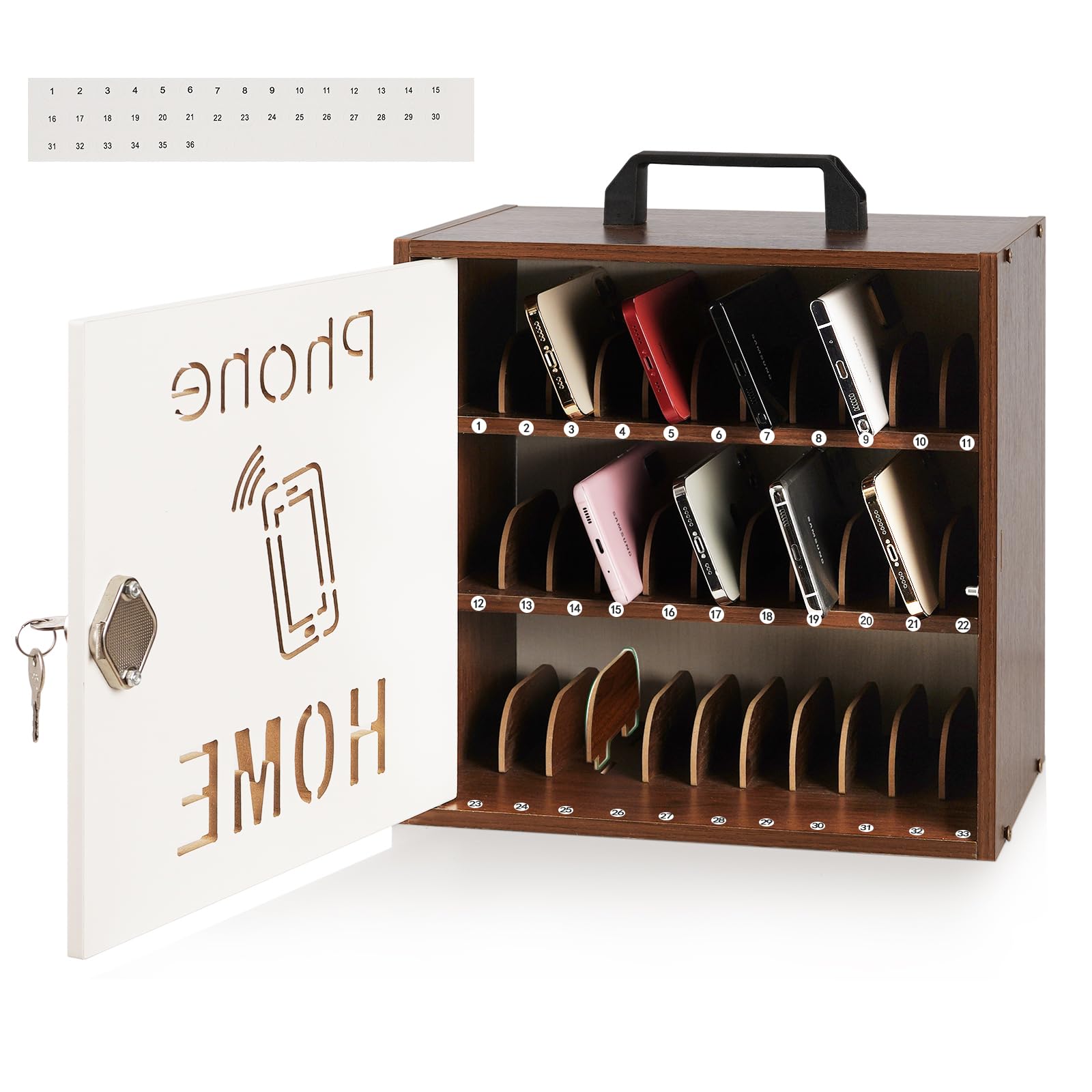Echaprey Cell Phone Holder Classroom Adjustable 33 Slots Pocket Chart Wooden Cell Phone Storage Cabinet with Handle and Lock Desktop Cell Phone Holder