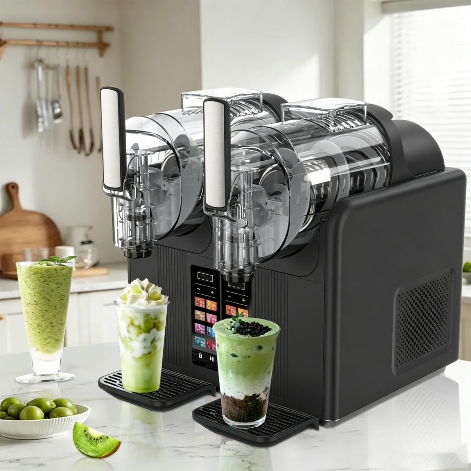 Pfps 430W Slushie Maker Machine, 7-In-1 Slushy Maker, Dual 2L Tanks, Auto-Clean, LED Touch Panel, Soft Serve Ice Cream Maker for Home Bar Cafe Black