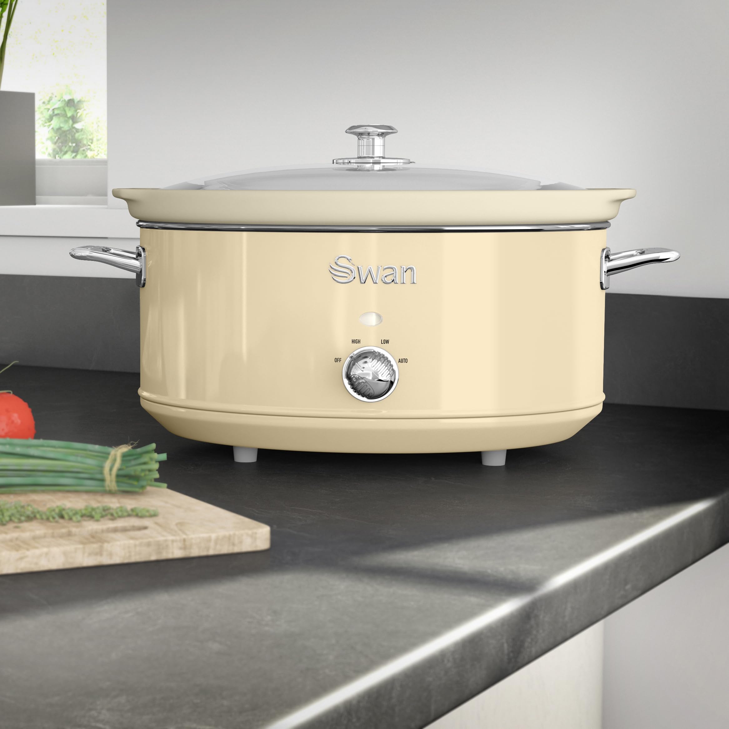 Swan Retro SF17031CN Olla Cocción Lenta 6,5L Recipiente Extraíble, Antiadherente Cerámica libre PFOA y PTFE, 3 Niveles Temperatura, Tapa Vidrio, Slow Cooker, Diseño Vintage, Crema, 320W