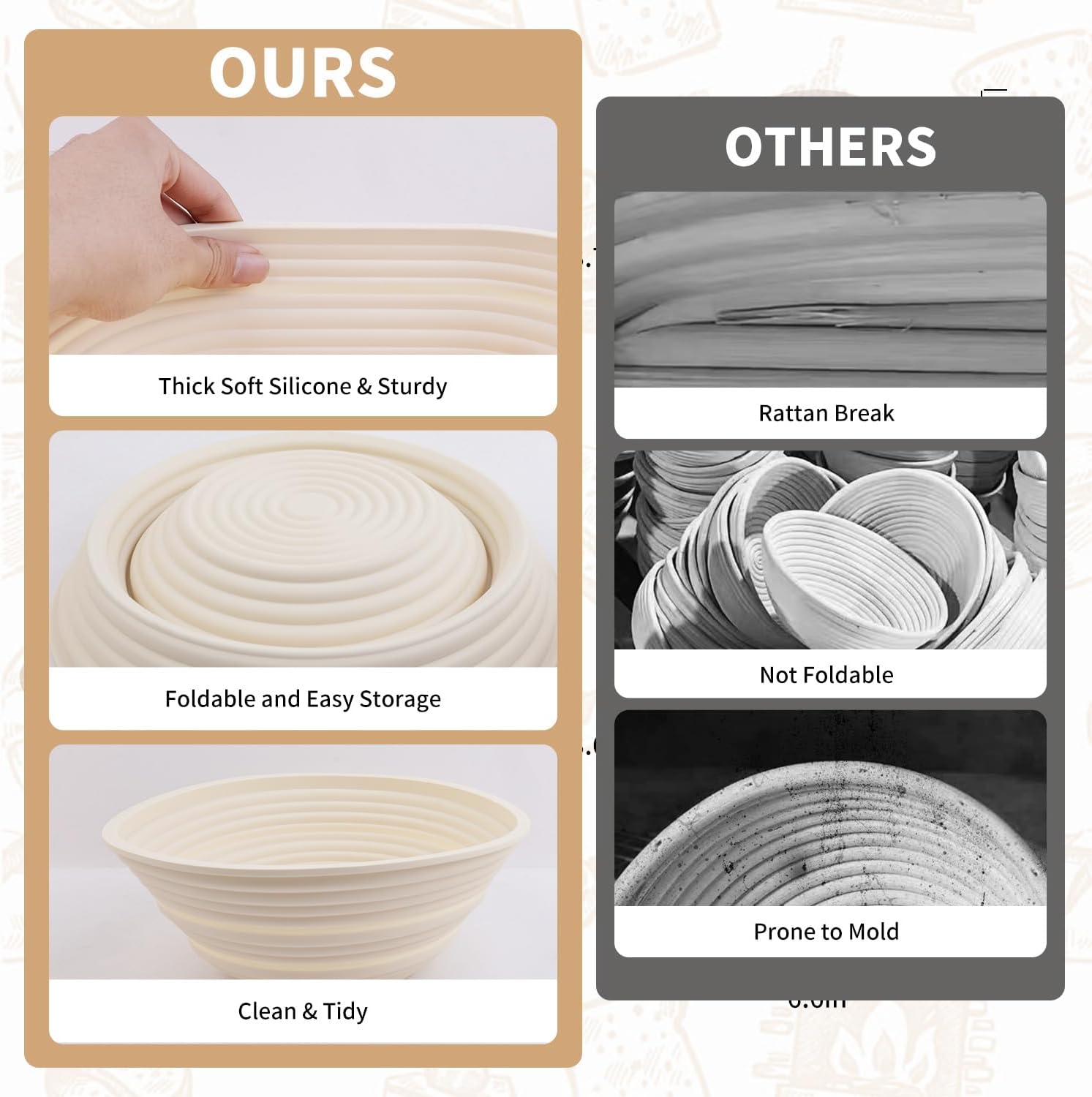 2Pcs Silicone Banneton Bread Proofing Baskets, 10" Oval & 9" Round Foldable Non-Stick Dough Proofing Bowl Containers-BPA Free, Optimum Sourdough Bread Baking Supplies(Beige) - Image 5