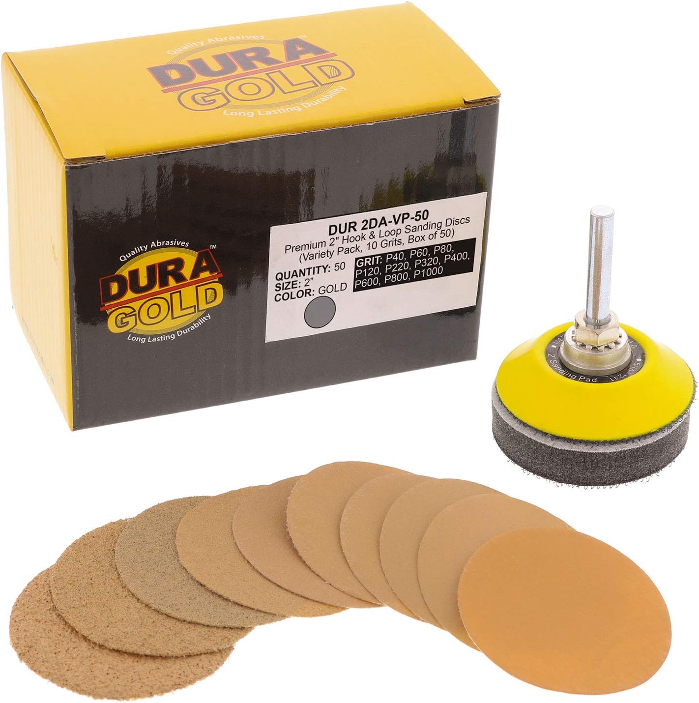 Dura-Gold Premium 2" Gold Hook & Loop Sanding Discs Variety Pack Box - 40, 60, 80, 120, 220, 320, 400, 600, 800, 1000 Grit (5 Sheets Each, 50 Total) & Drill Backing Plate, Automotive, Woodworking