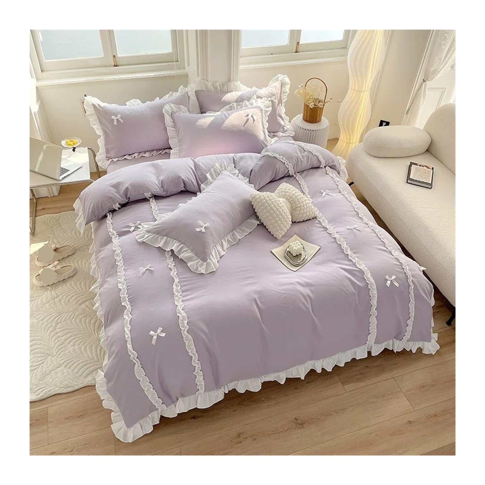 Parure de lit princesse en dentelle avec nœud papillon, housse de couette fille rose 4 pièces