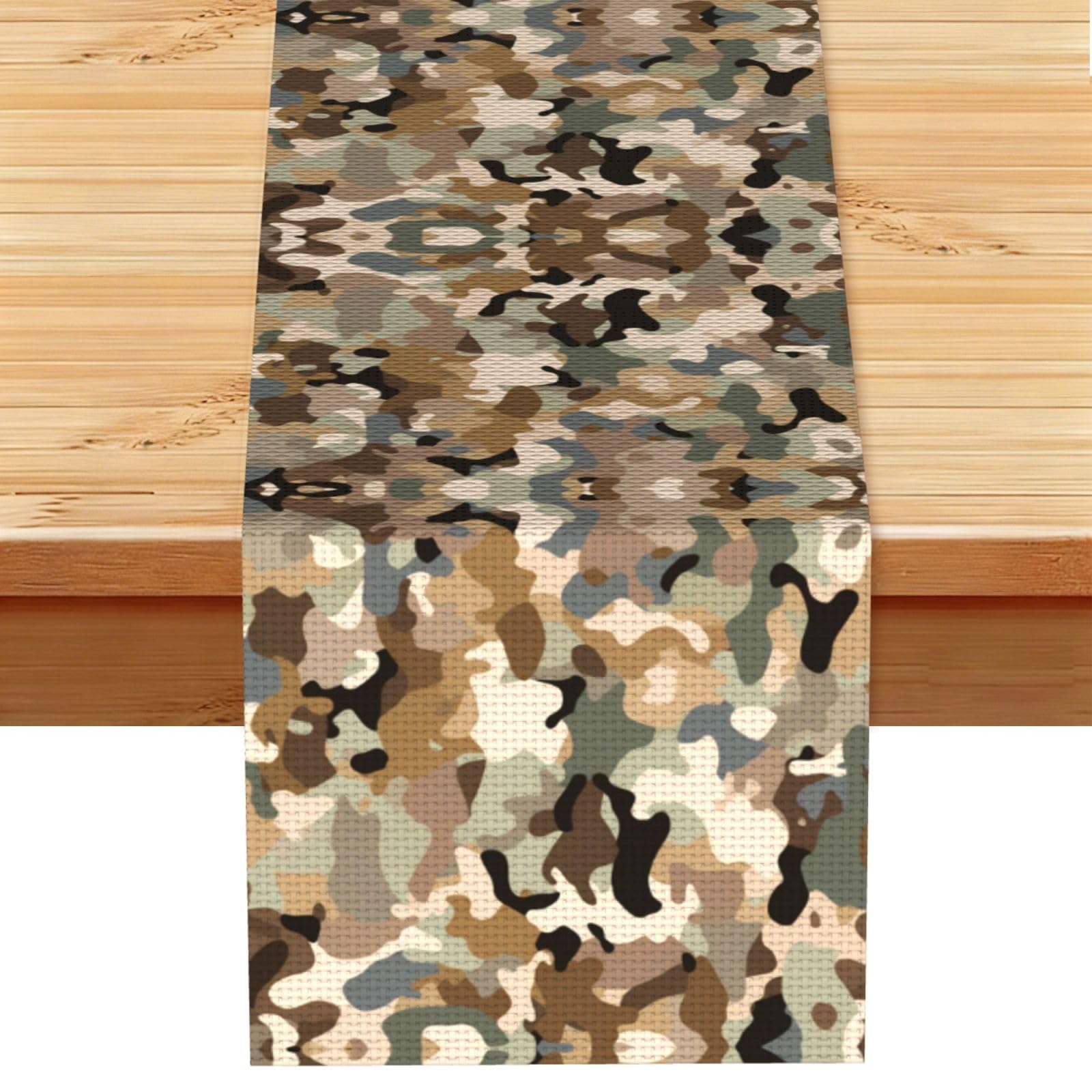 Warm Tan Teal Camo Printed Table Runner 13 x 72, Wrinkle Resistant Decor for Dining Table Coffee Table Fireplace