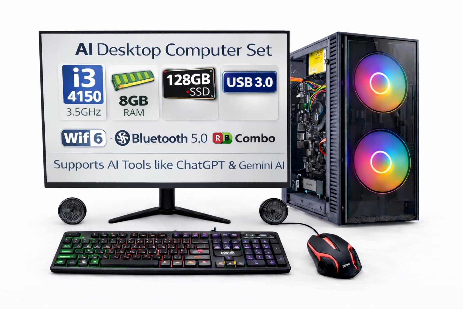 TECNICO Desktop Computer Set, Core i3-4130, 8GB RAM, 128GB SSD, 20-inch Monitor with Keyboard, Mouse and Speakers