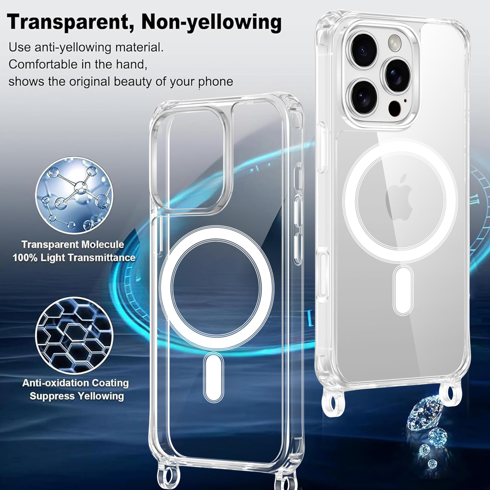 Jrkvniv Magnetica Trasparente Cover per iPhone 16 Pro Max con Cordino, Compatibile con Magsafe, Trasparente Ultra Sottile Silicone TPU Antiurto Custodia con Collana Laccio per iPhone 16Pro Max, Cachi