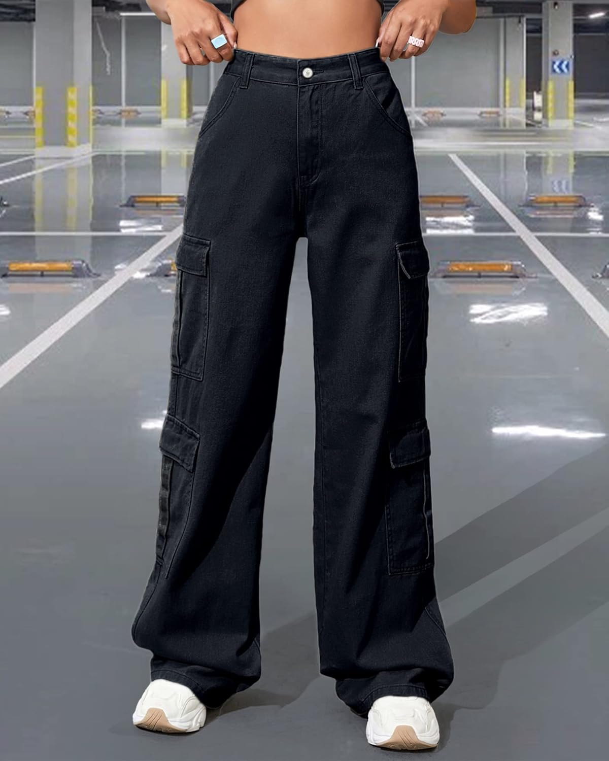 Women's High Waist Baggy Cargo Jeans Flap Pocket Y2K Streetwear Wide Leg Denim Pants - Image 3