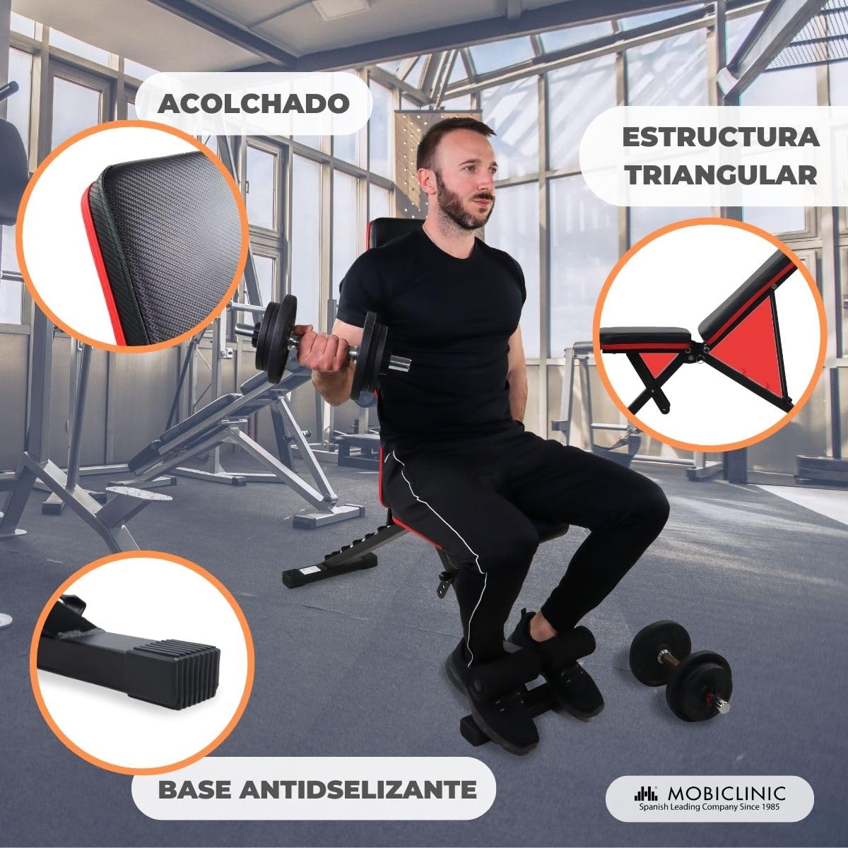 Mobiclinic® fitness, Banco de musculación, Plegable, Soporta 200kg, Asiento y respaldo regulable, Flexfit, Multifunción, Pesas, Entrena cuerpo completo, Resistente estable, Gym en casa