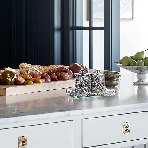 Miniatura 5 de JUXYES Salero y pimentero de diamante triturado con bandeja, lujoso salero y pimentero estilo diamante, salero y pimentero de cristal brillante,