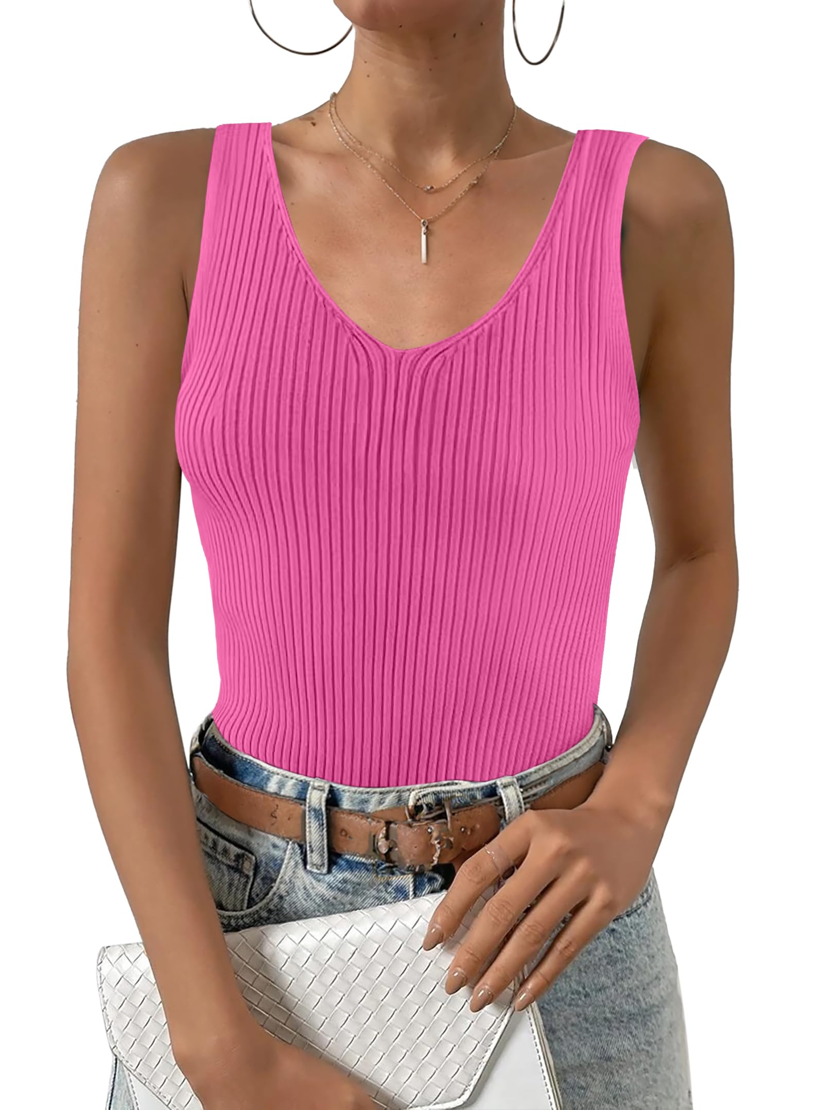 Zeagoo Womens Ribbed Tank Tops 2024 V Neck Slim Fit Knit Sleeveless Shirts Casual Basic Tee