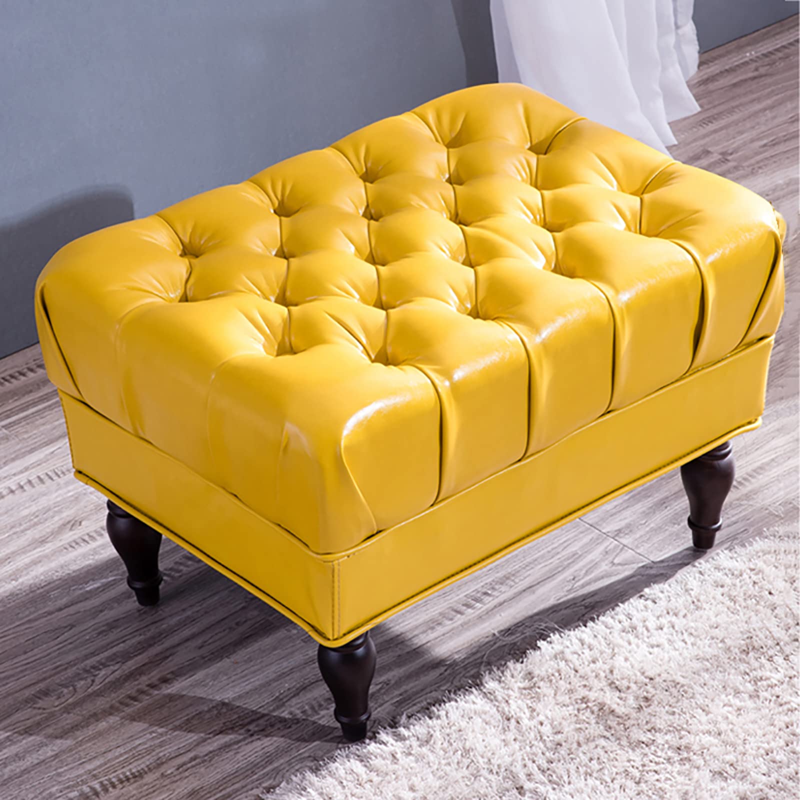 Tabouret ottoman rustique en bois massif cuir jaune 70x50x42cm