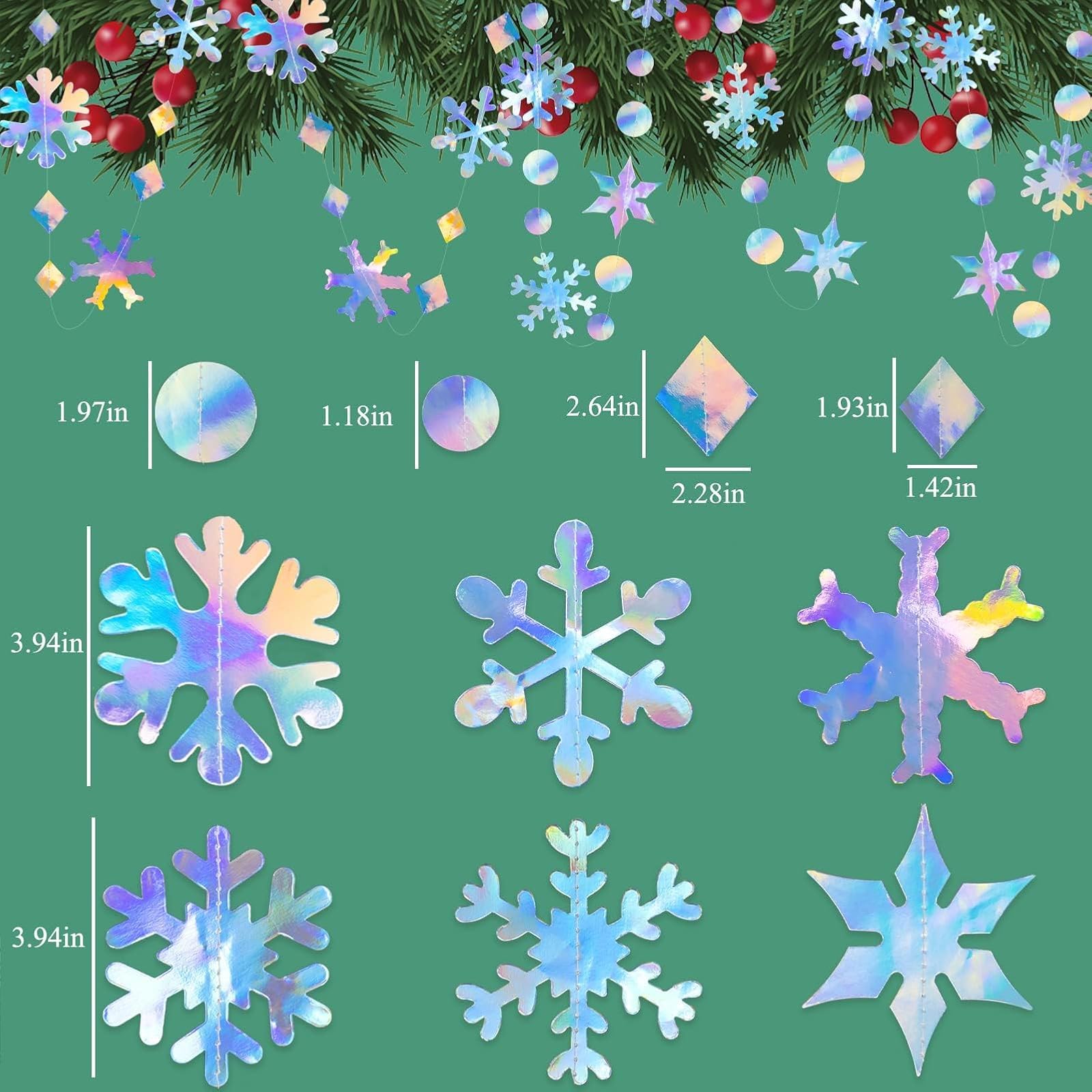 Schneeflocken-Dekoration, schillernde Schneeflocken-Girlande, 10 Stück, schimmernde, holografische Papier-Schneeflocken, Luftschlangen für schillernde Party, Weihnachten, Frozen-Thema, Geburtstag