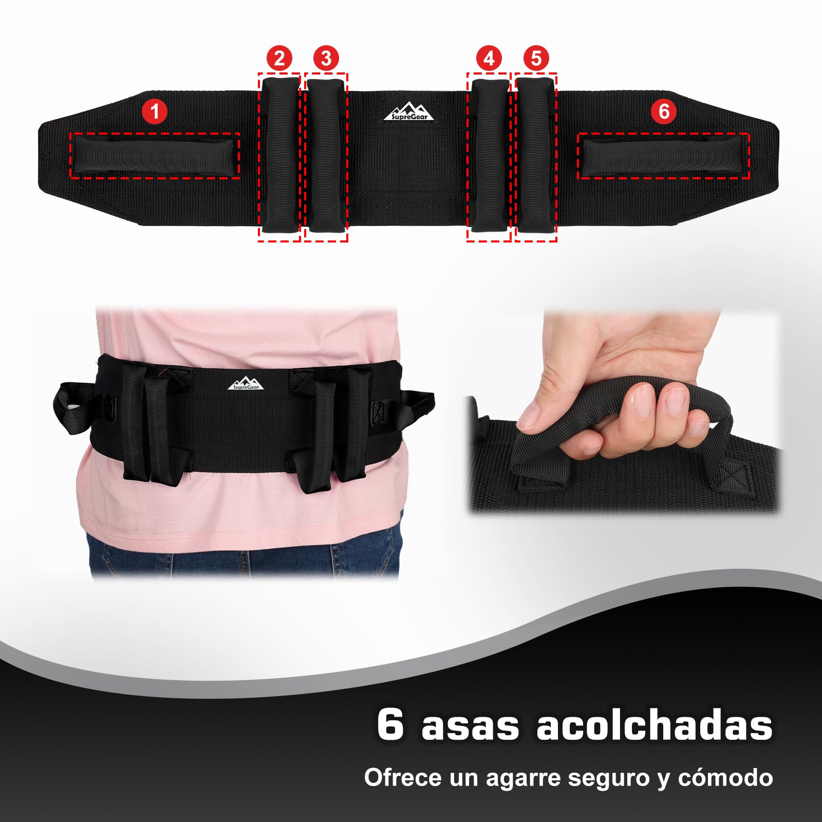 supregear Cintura di Sostegno con Maniglie – Cintura da Trasferimento per Anziani, Disabili, Persone Bariatriche – Supporto Sicuro per Camminare e Stare in Piedi – Fibbia in Metallo, Negro
