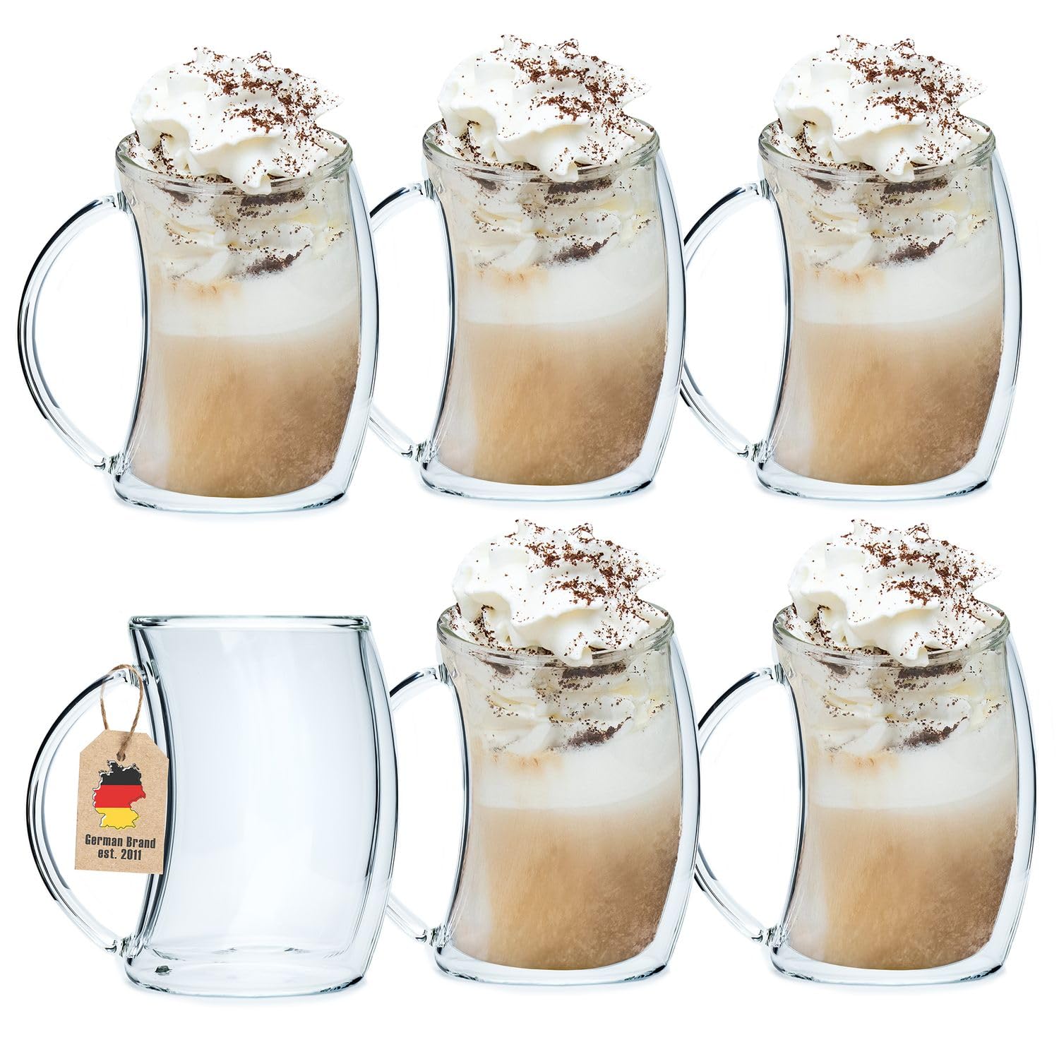 INTIRILIFE 6x bicchieri termici a doppia parete - stile curvo - capacità 200ml - effetto galleggiante, soffiato a bocca e isolato per latte macchiato, come bicchiere da tè o da caffè con Henkell