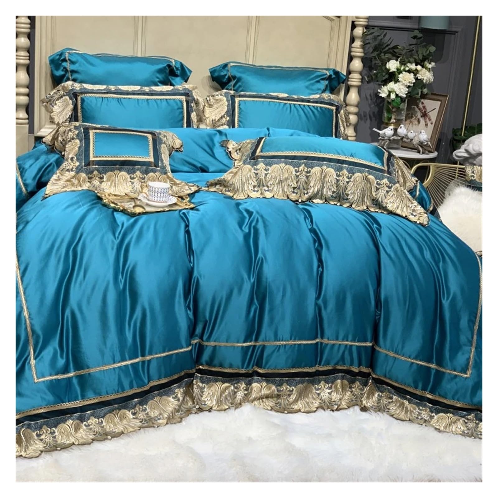 Sbcgfy G Bed Four Pieces Set, Luxury Red 1000Tc Egyptian Cotton European Weddin Lace Beddin Set Soft Duvet Cover Bed Sheet Or Bedspread Pillowcases 4Pcs,-Kin 220X240cm Pcs