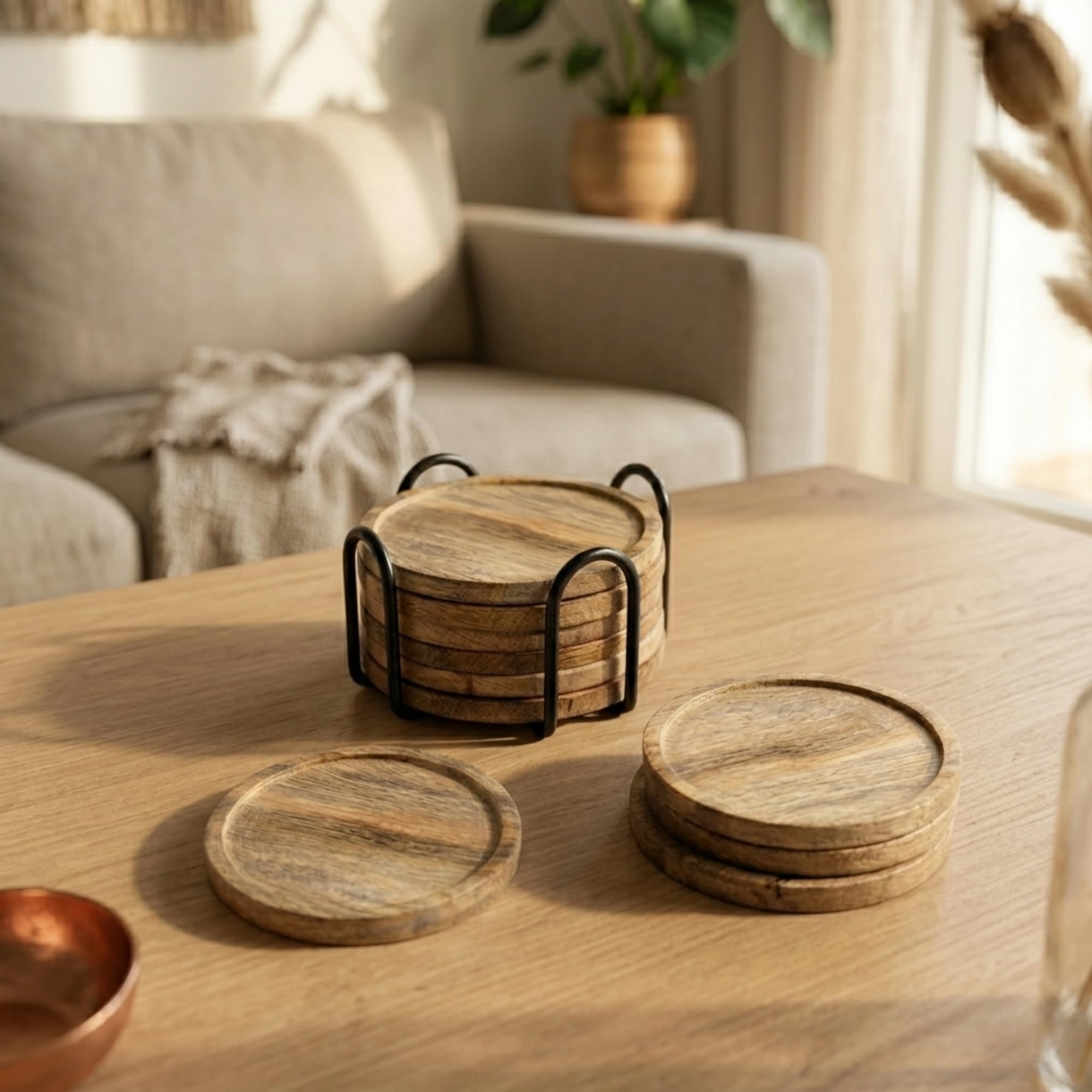 Wooden Coasters Set of 6 with Metal Holder for Dining Table | Premium Mango Wood Tea Coffee Cup Coasters for Glasses & Mugs | Drink Coaster Set for Home Decor, Office, Cafe & Kitchen-image-44