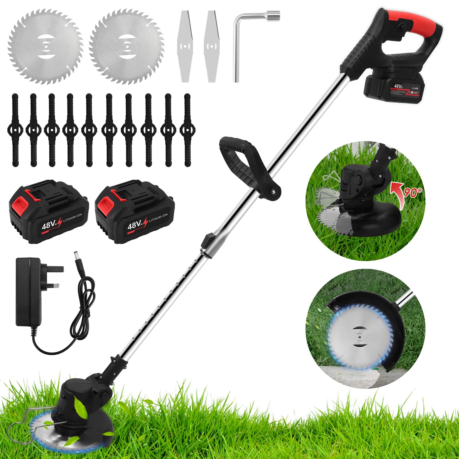 Garden Strimmer Cordless, Electric Strimmer with 2 Replaceable Battery and Charger, Lawn Edger Tool Adjustable Height,90° Head Rotation,3 Types Blades, for Outdoor Gardens Trimming Grass Weed