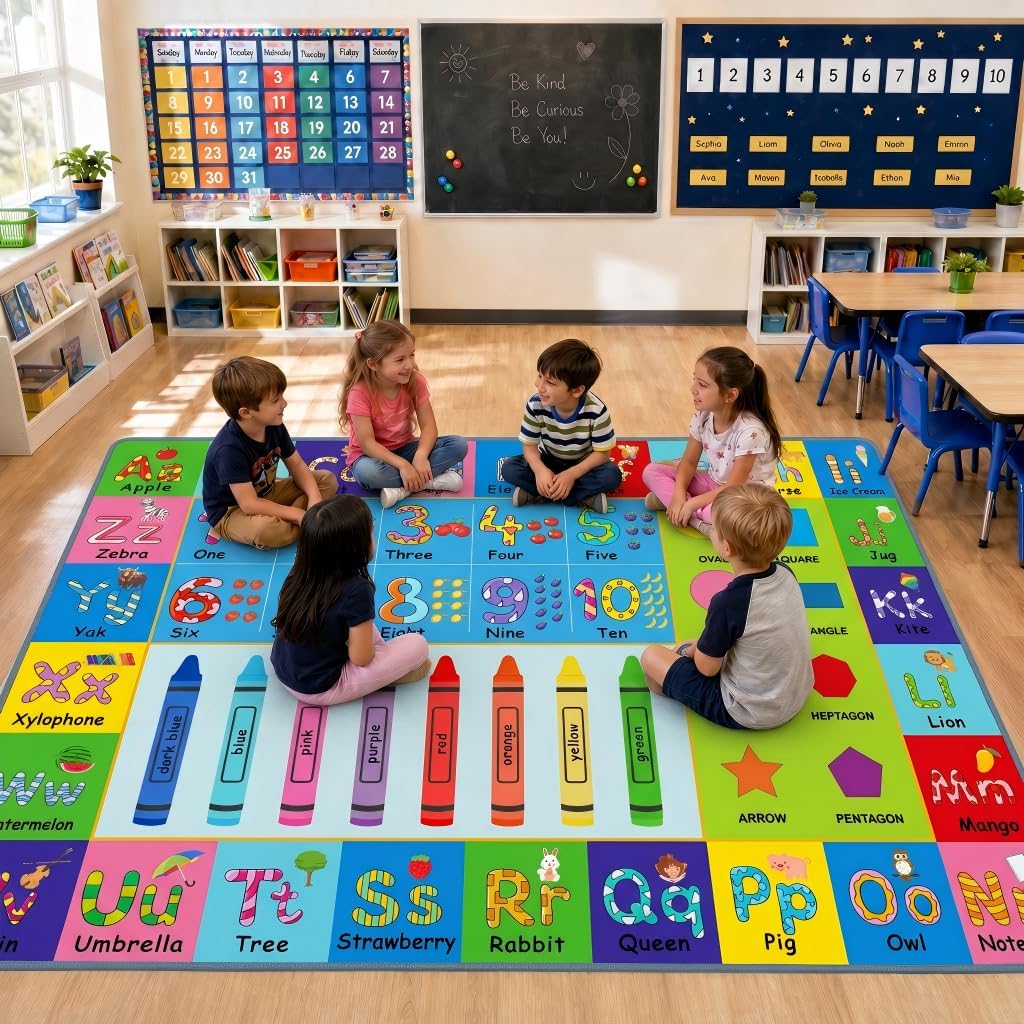 5x7ft ABC Rug for Kids Playroom, Classroom, Nursery, Daycare, Kids Carpet for Learning Alphabet, Numbers, Colors, Shapes and Animal Words, Educational and Fun Play Mat for Children Toddler Girls Boys
