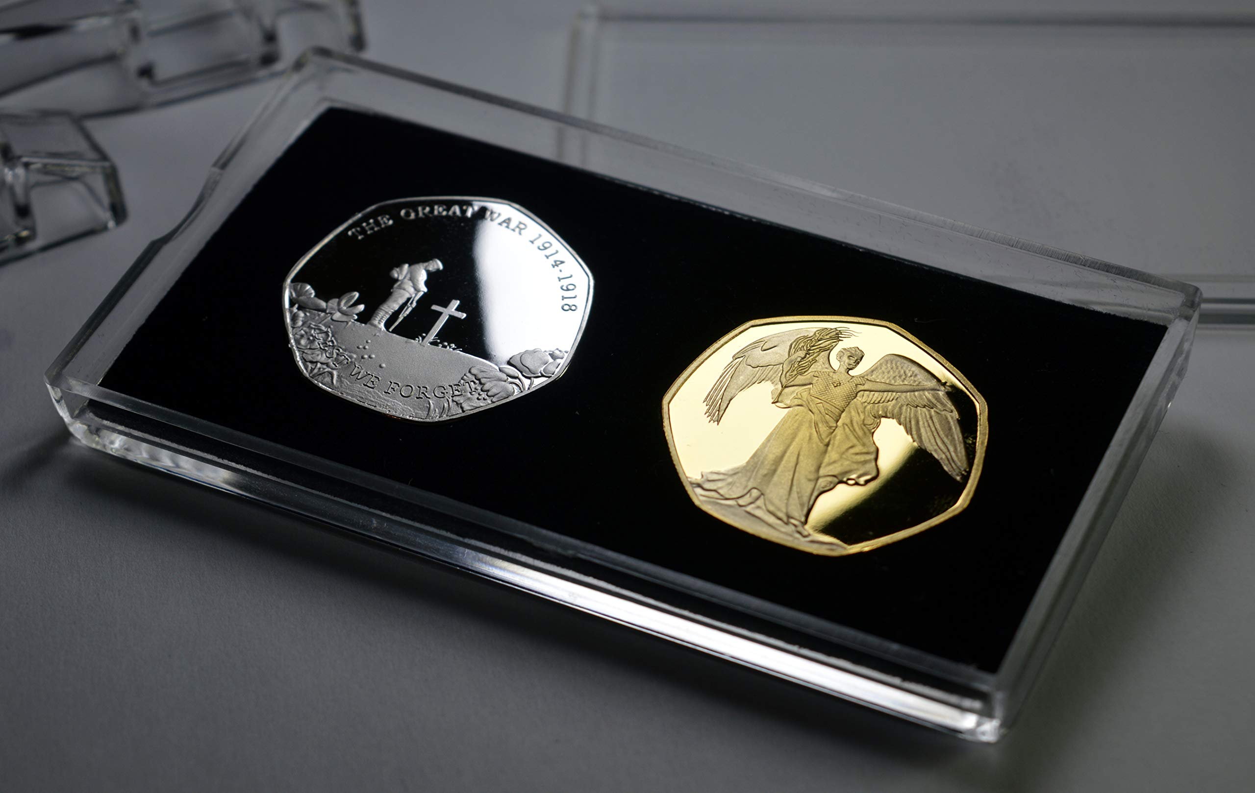 The Commemorative Coin Company Silver/Gold Pair Of Ww1 Armistice And 24Ct Commemoratives In 50P Coin Display Case. Lest We Forget, Remember The Fallen, The Great War 1914-1918, Remembrance