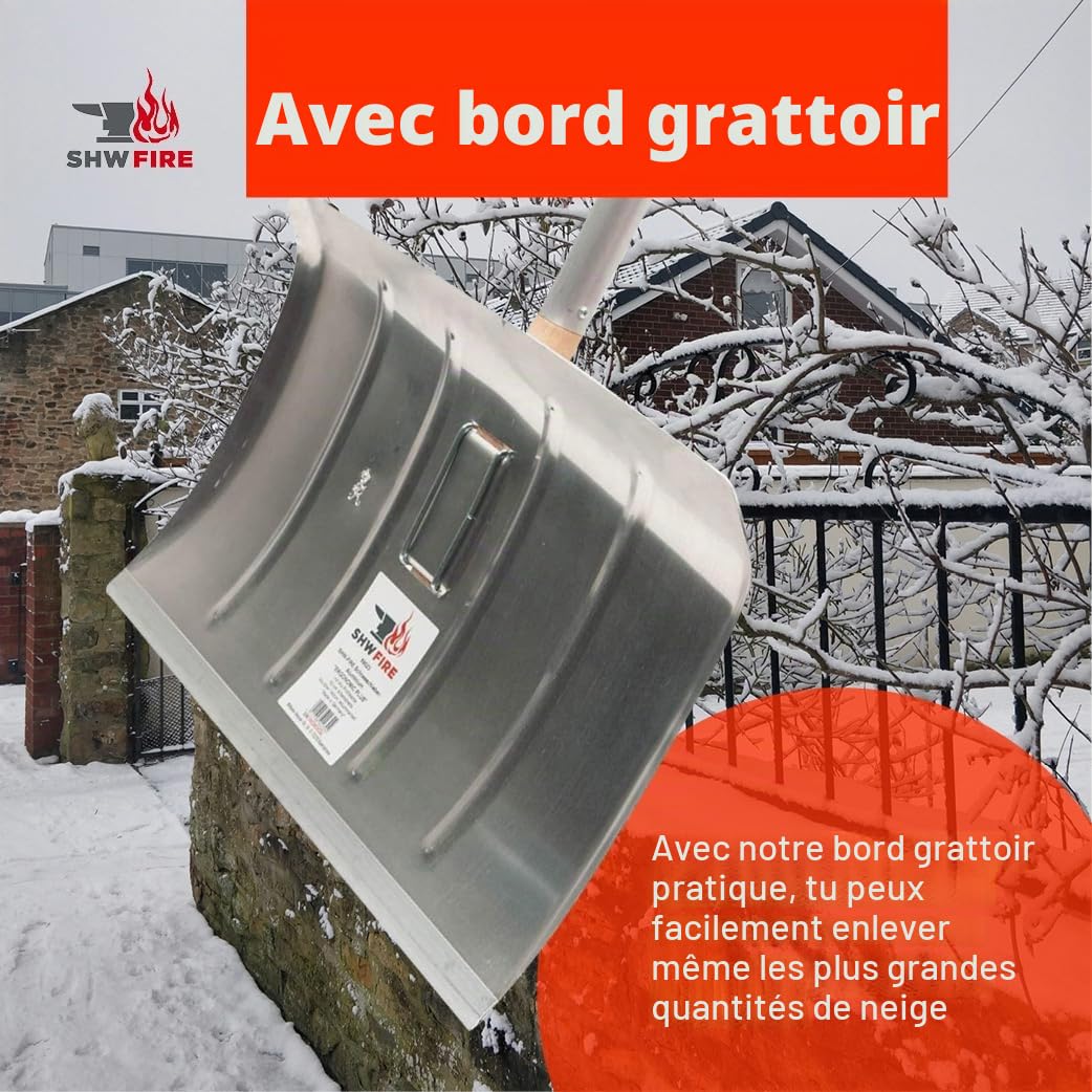 SHW-FIRE Pelle à neige en aluminium de 50 cm avec poignée ergonomique, manche et bord profilé, idéale pour les grandes quantités de neige sur les trottoirs et les allées. Fabriquée en Allemagne