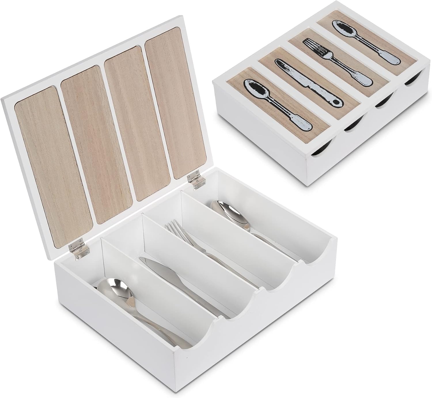 LONGBLE Wooden Cutlery Box with Lid White Cutlery Organizer Silverware Drawer Organizer with 4