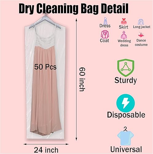 Miniatura 3 de Bolsa de limpieza en seco de 60 pulgadas  50 bolsas de plástico transparente extra largas para vestidos, bolsas de ropa desechables para colgar ropa