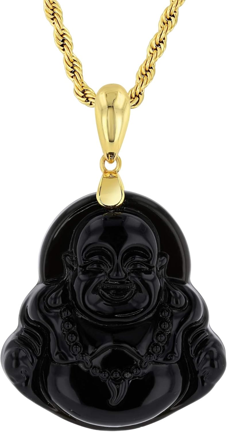 Black Jade Laughing Buddha Pendant Necklace – Certified Grade A Jadeite, Handcrafted Buddha Amulet, 14K Gold Filled Rope Chain, Good Luck Jade Medallion for Men & Women