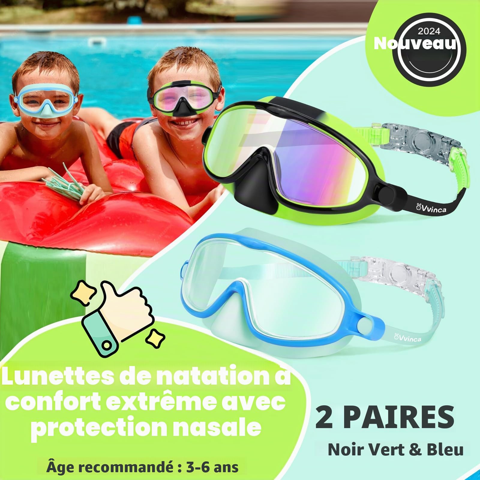 Vvinca Lunettes de natation pour enfants avec protection du nez, masque de plongée, vision large, anti-buée, UV, verres anti-éblouissement, pour enfants de 3 à 8 ans