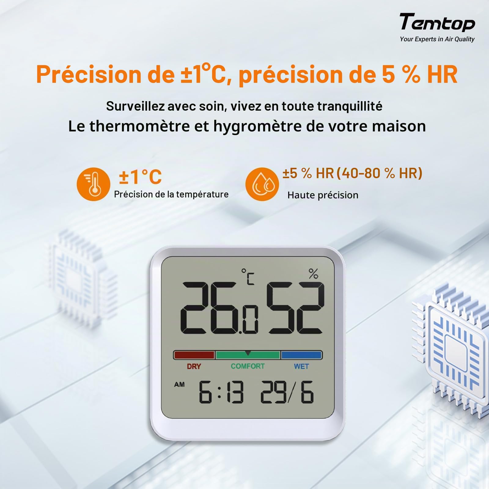 Temtop Thermomètre Hygromètre d'Intérieur Numérique T1-SE - Moniteur Température Humidité avec Affichage Heure Date Haute Précision