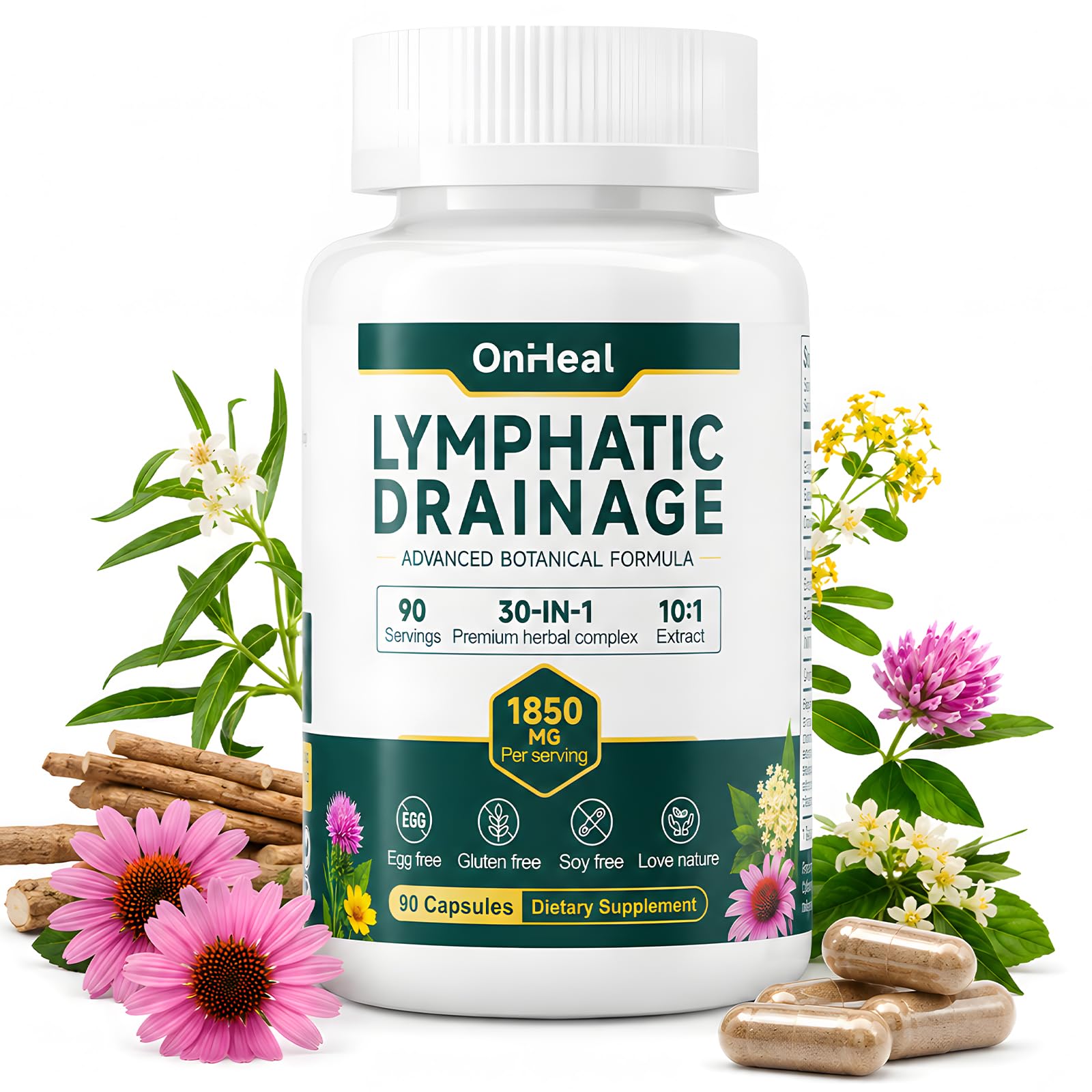 Lymphatic Drainage Capsules, 1,850 mg per Serving, an Advanced 30-in-1 Herbal Formula that Supports the Lymphatic System, Fluid Balance, and Immune Health, 90-Count Bottle