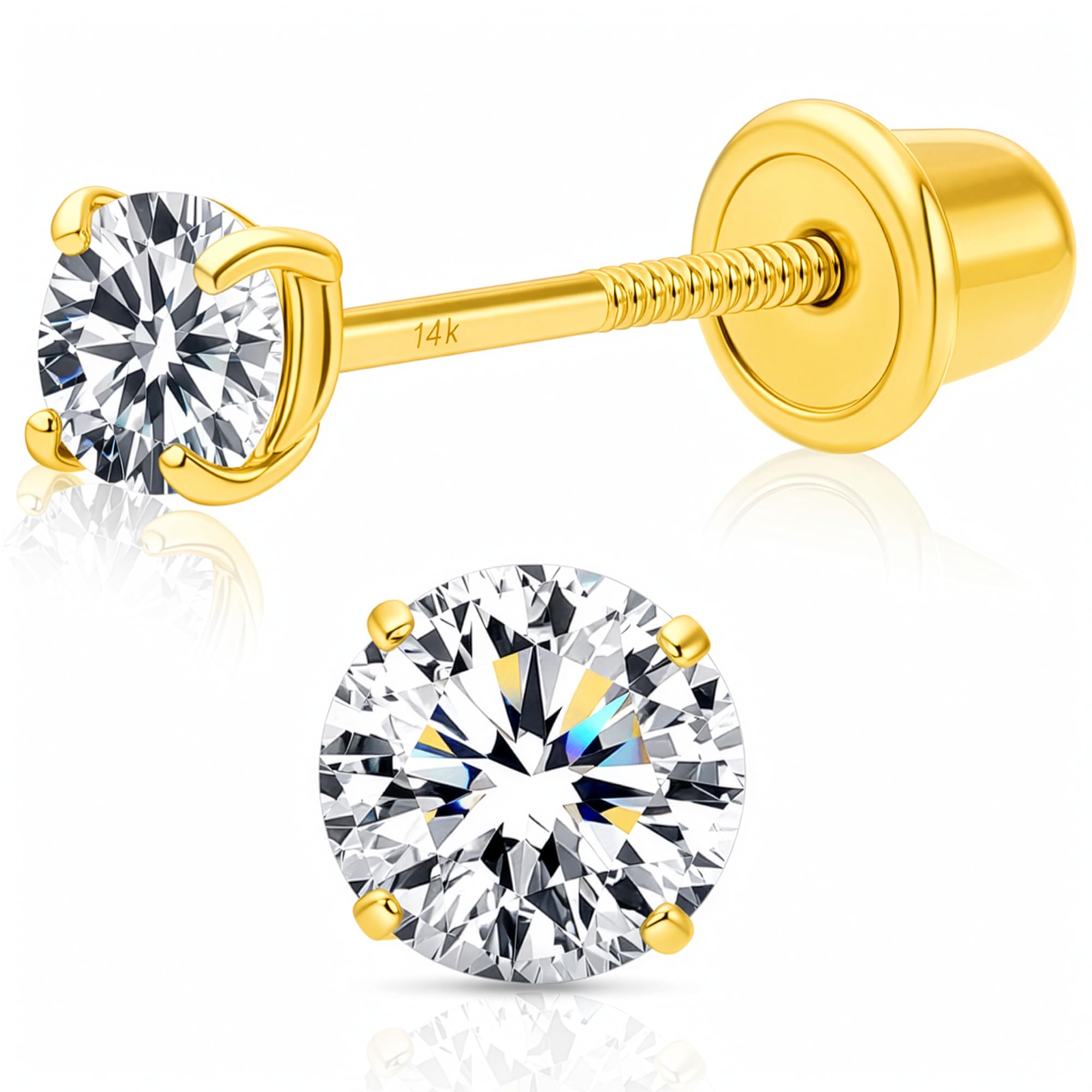 14k Yellow Gold Cubic Zirconia Stud Earrings with Screw Backs